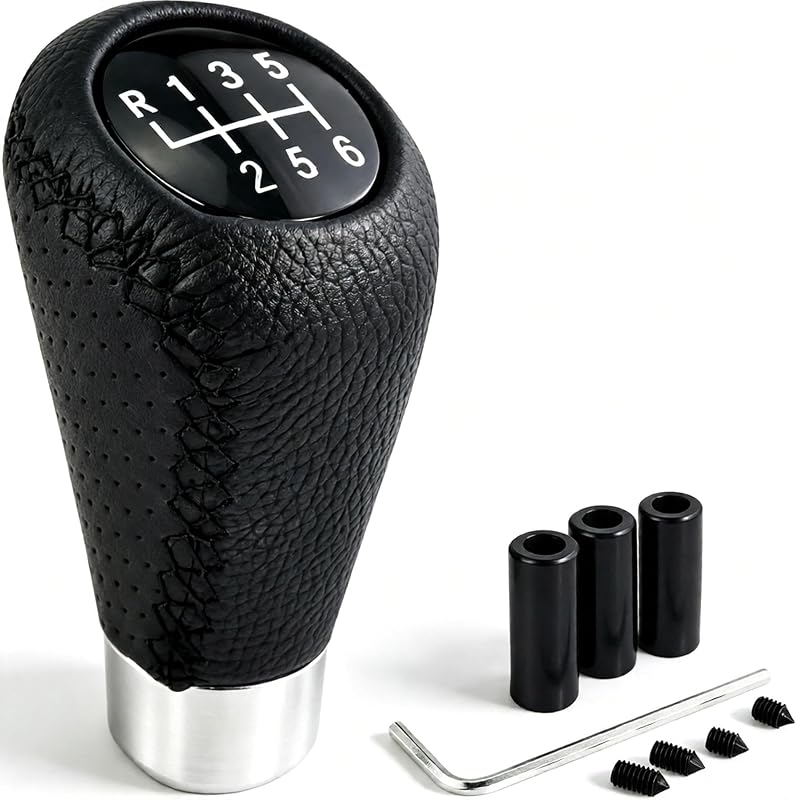 Manopla de Câmbio Manual 6 Marchas Lunsom em Alumínio e Couro PU Preta DW808B