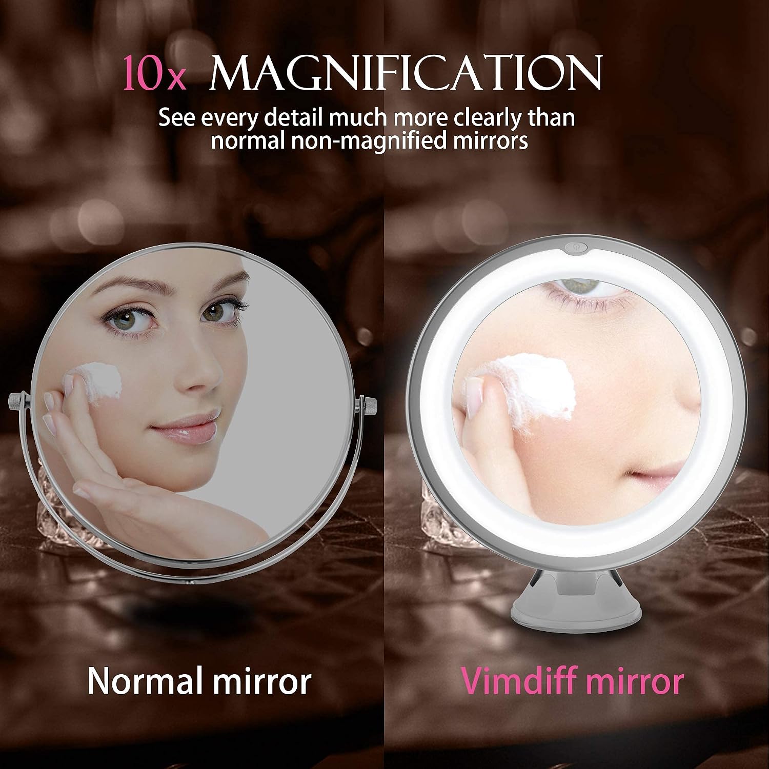 Vimdiff 10X Magnifying Makeup Mirror with Lights, Portable Hand Cosmetic Magnification Lighted Makeup Mirror for Home Tabletop Bathroom Shower and Travel