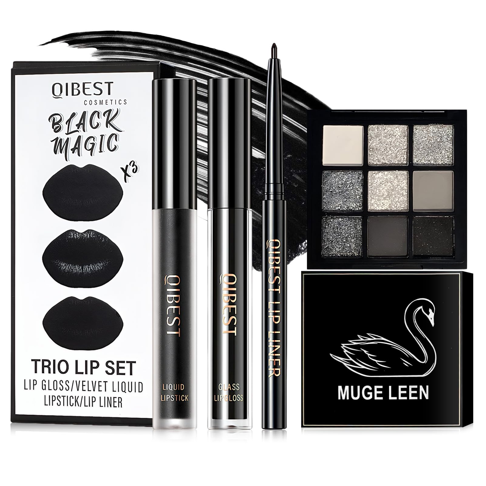 Set de Maquillaje Gótico, Negro Líquido Pintalabios con Delineador y Brillo, Paleta de Sombras de Ojos Ahumadas 9 Colores, Impermeable y de Larga Duración, para Carnaval Halloween