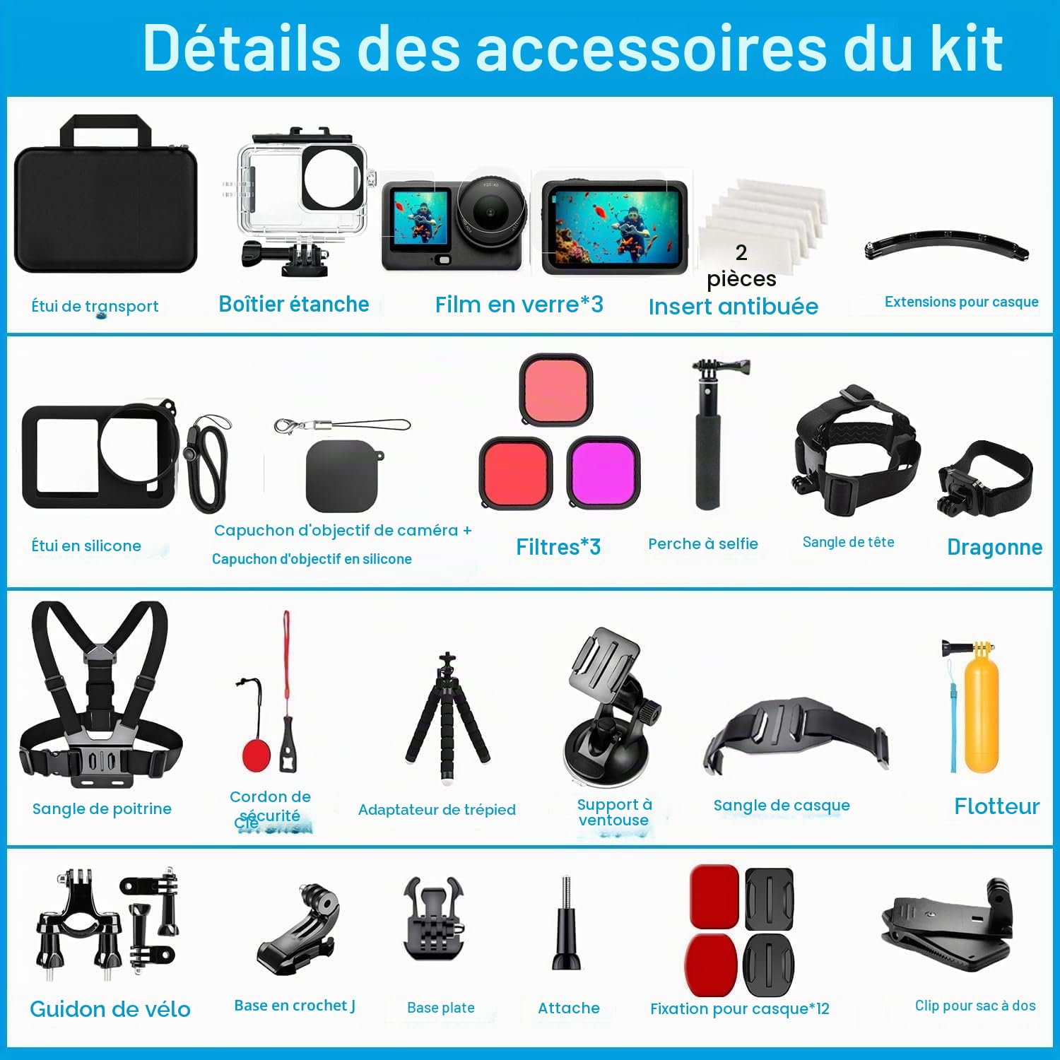 Accessoires pour DJI Osmo Action 5 Pro/4/3, boîtier étanche Saprdii, protection d'écran, filtre accessoires de plongée, support vélo pour selfie stick, supports pour poitrine/tête/guidon