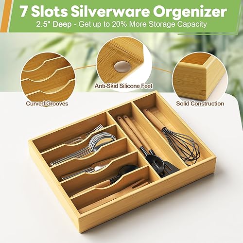 Miniatura 3 de ZRLEI Organizador de cajones de cubiertos de bambú para cocina, bandeja de utensilios de 13 pulgadas con 7 ranuras y divisores ranurados profundos