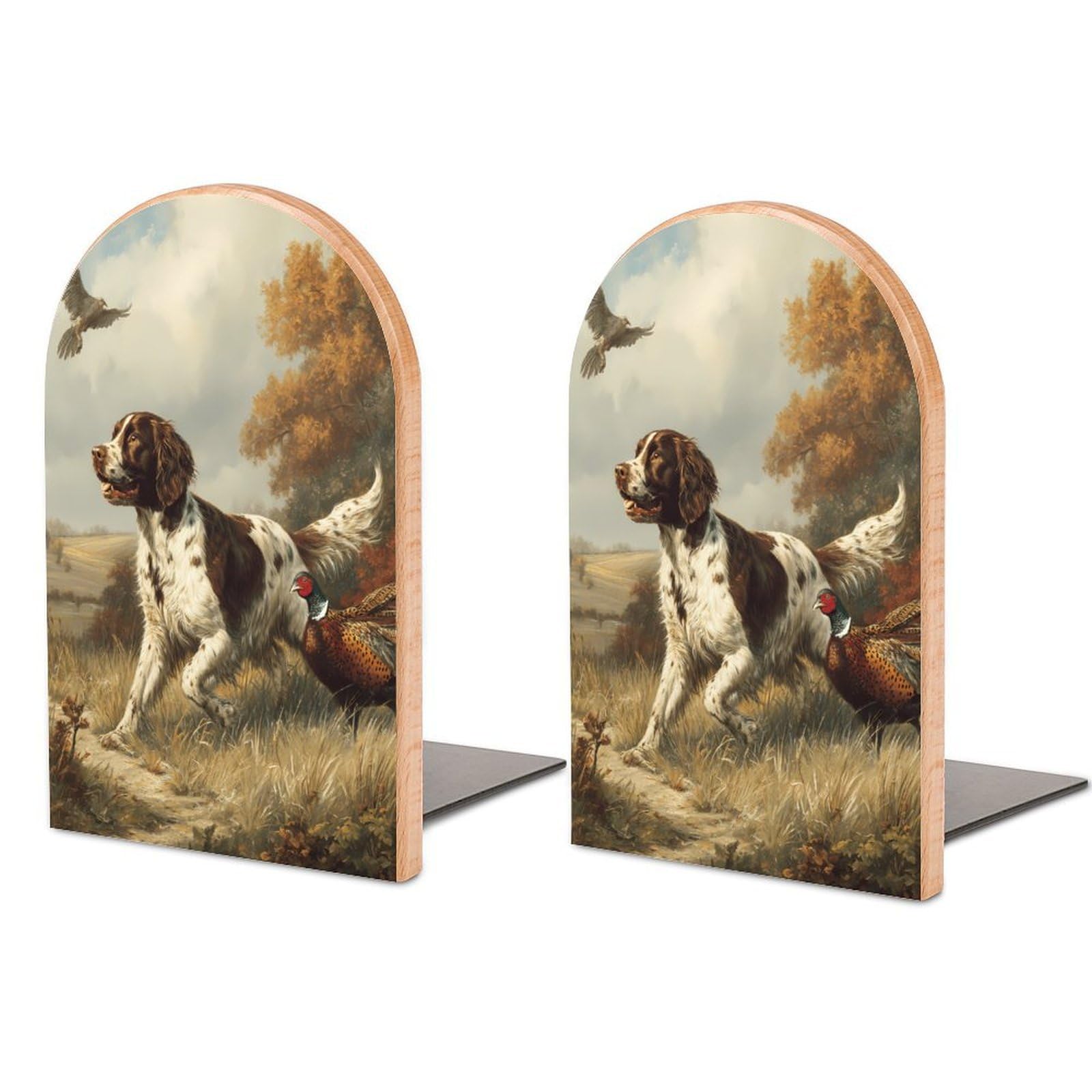 Springer Spaniel Dog Pheasant Hunting Book Ends Wood Non-Slip Books Stand Book Holders Book Stopper Organizer for Shelves Home Office