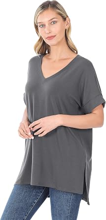 Zenana Rolled Sleeve Side Slit HI-Low Hem TOP Ash Grey S