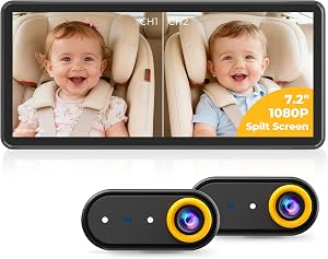 Luckview BM5PRO Dual Camera Baby Car Monitor, 7.2 Inch 1080P Split Screen, Automatic Infrared Night Vision, 360 Degree Headrest Mount, for Two Kids and Family Road Trips (Yellow)