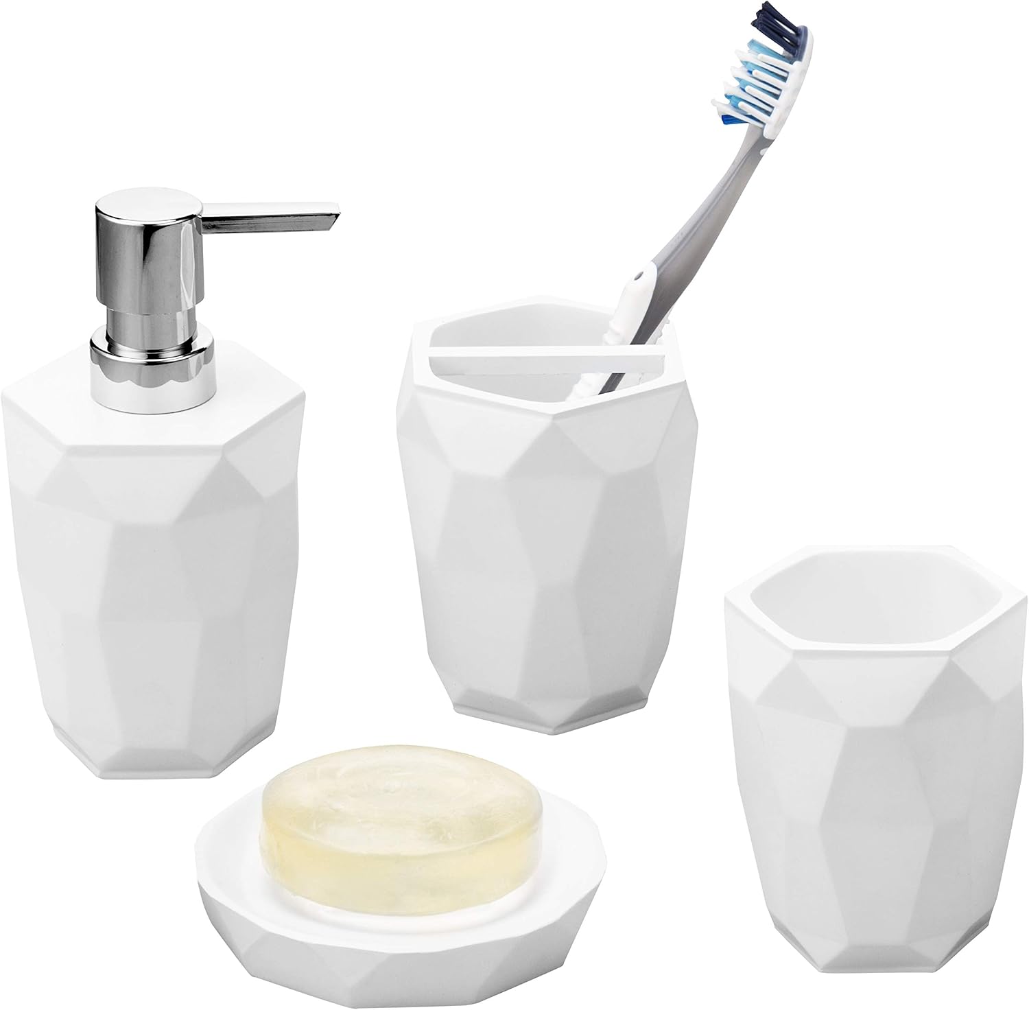 MyGift 4 Piece Modern White Resin Bathroom Accessories Set with Geometric Design Includes Lotion Pump Bottle, Toothbrush Holder, Tumbler and Soap Dish