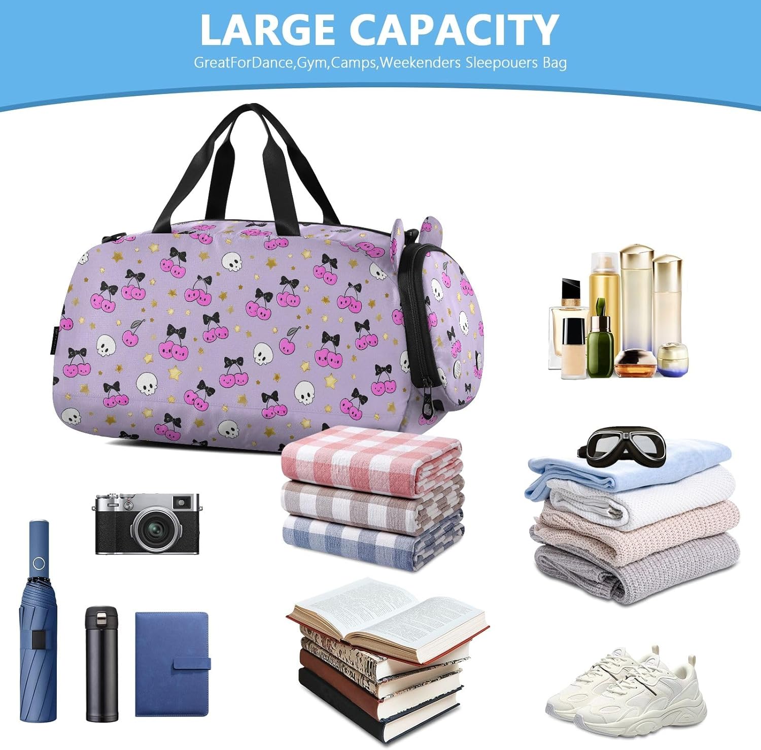 Kids Travel Duffel Bag Overnight Weekender Carry-On Tote Gym Bag with Shoes Compartment Sports School Cherry Skull Pattern