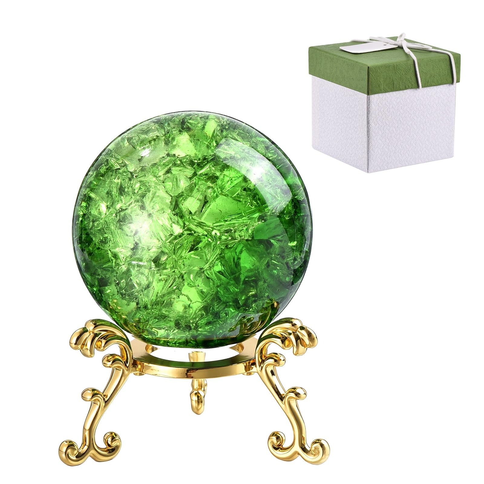 sourcing map 50 mm Round Crystal Sphere with Stand, Crystal Sphere Ice Cracked Decorative Ball Paperweight Gift Box Packaging for Home Decor Ornament Gift Craft Feng Shui Decor, Green