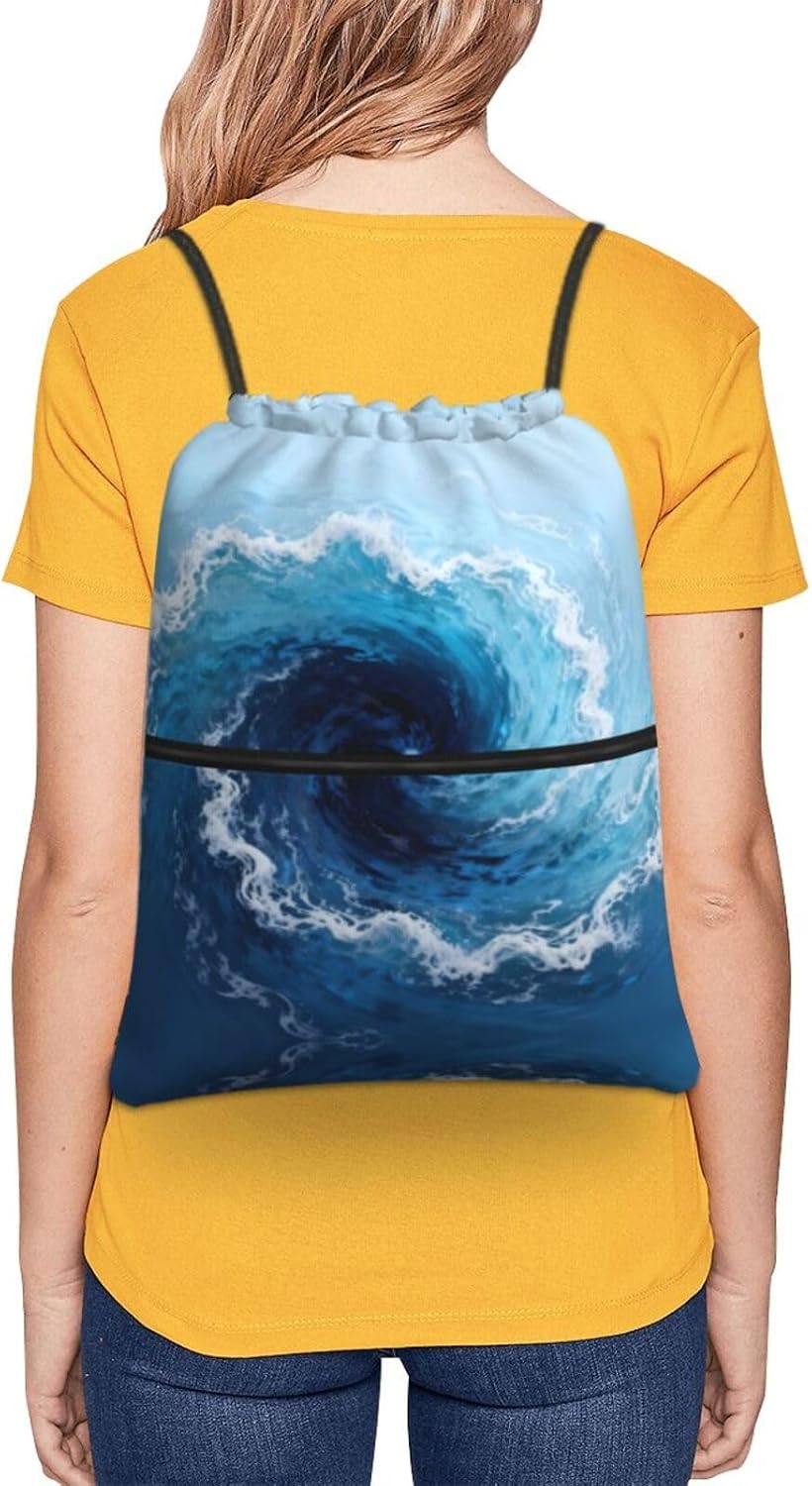 Blue Vortex Print Drawstring Gym Bag, Stylish Sports Bag Unisex, Yoga Bag and Travel Drawstring Bag