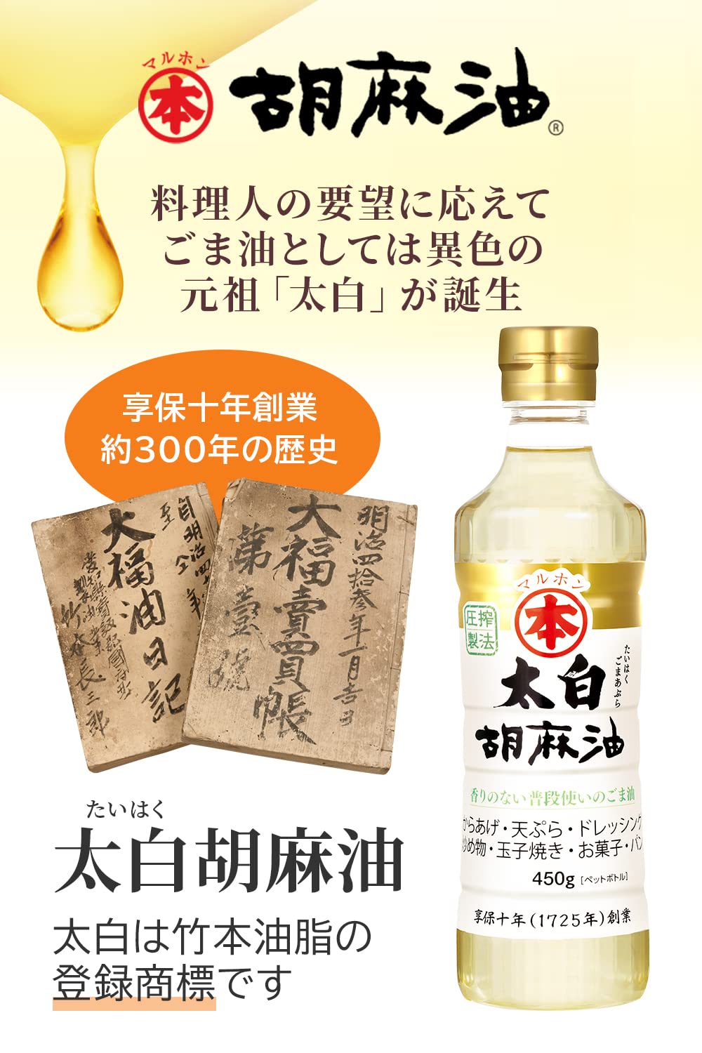 Amazon.co.jp: 【公式】マルホン 太白胡麻油 450g ペット ごま油 竹本