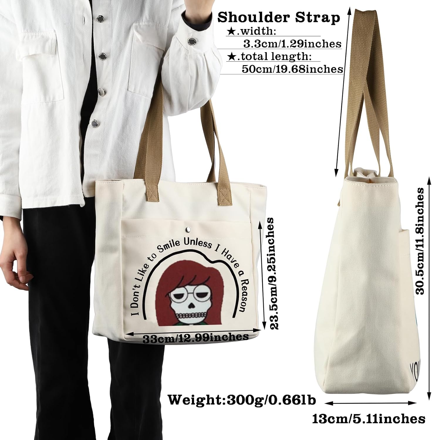 CMNIM Cartoon Merchandise Gift I Don't Like To Smile Unless I Have a Reason Larger Tote Bag 90s TV Show Merch for Fans