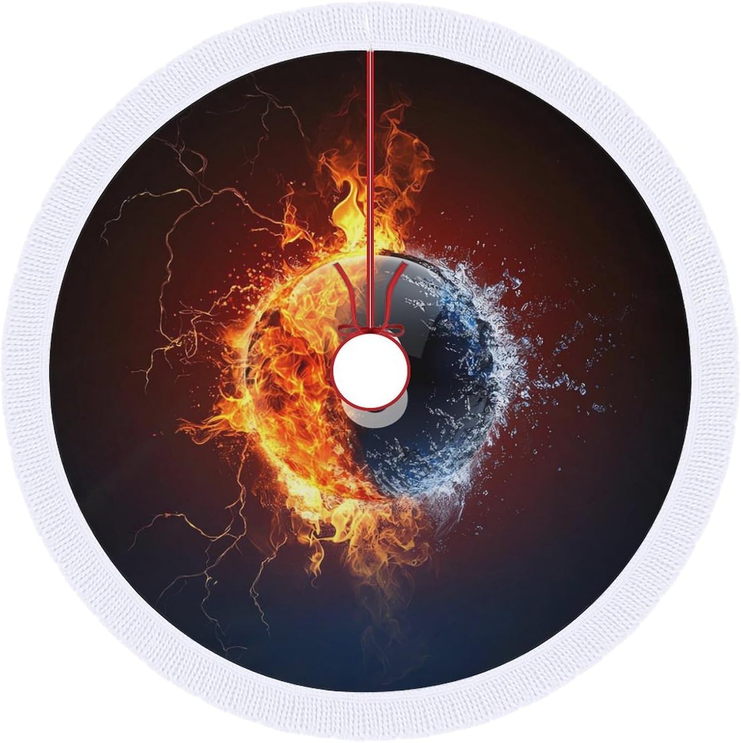 Billiard Ball On Fire and Water Christmas Tree Skirt Round Xmas Tree Mat Ornaments Tree Skirts with Tassels for Holiday Party