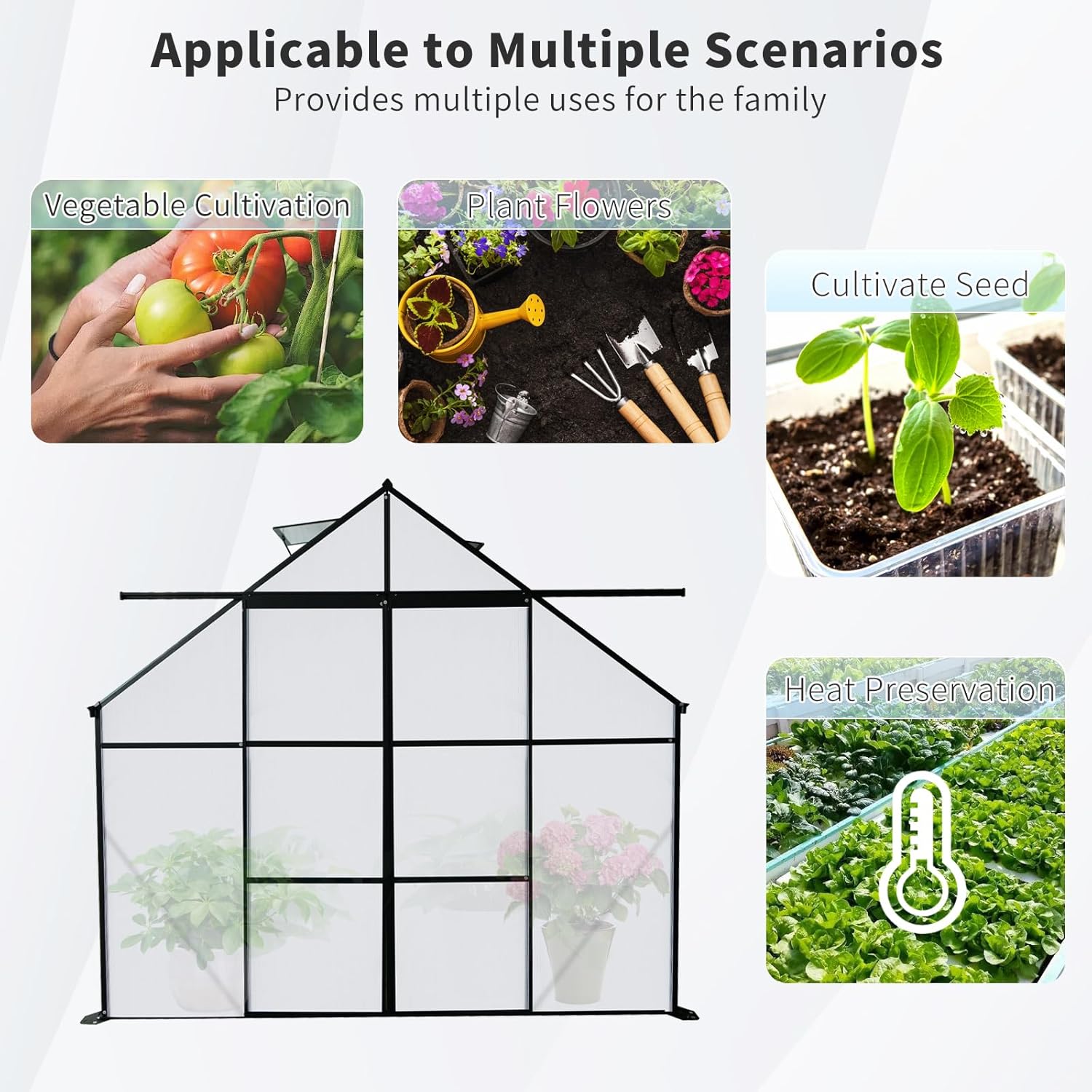 8X6 FT Outdoor Greenhouse, Greenhouse Polycarbonate with Roof Vent, Sliding Lockable Door, Aluminum Walk-in Greenhouses for Outdoor Garden Backyard, Terrace, Lawn Black