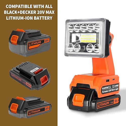 Miniatura 3 de Luz inalámbrica de 1000 lm para batería de iones de litio BLACK+DECKER de 20 V máximo, proyector LED portátil con puerto USB y tipo C, luz de