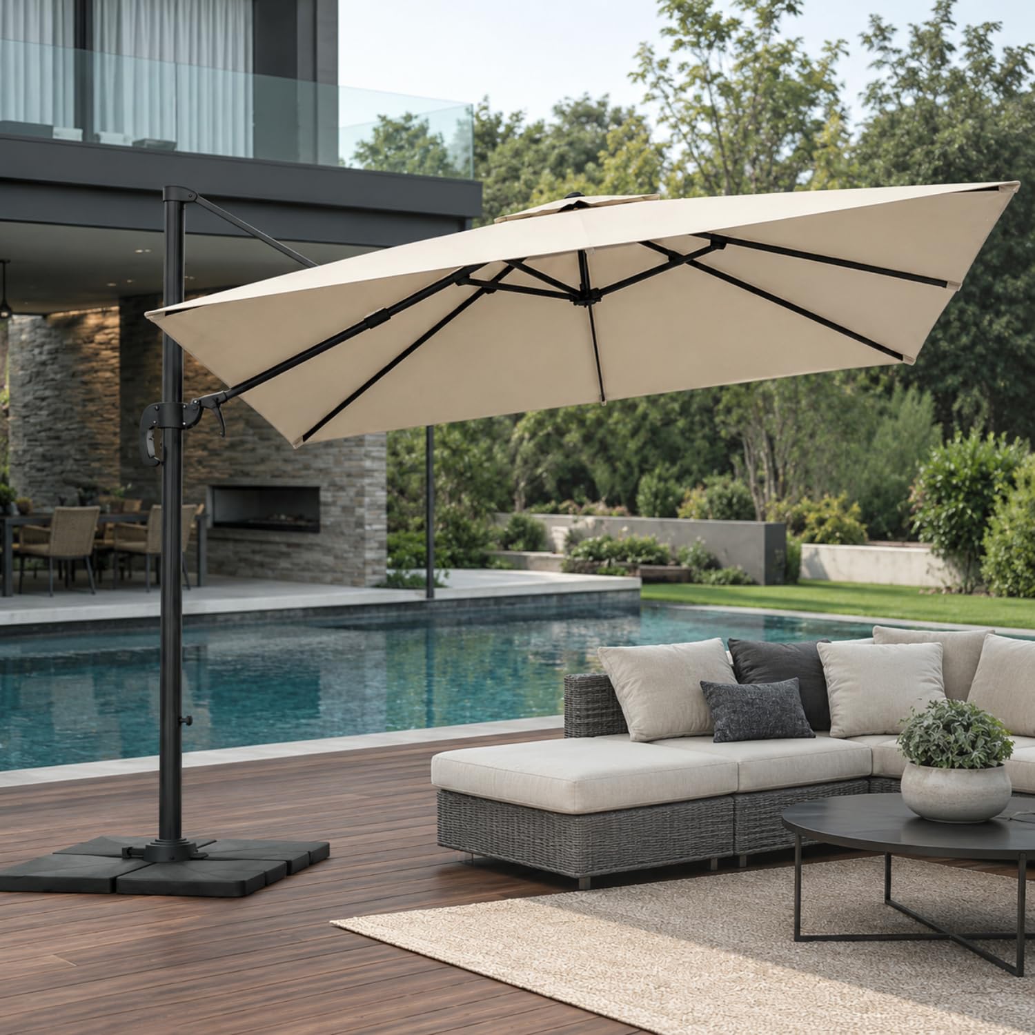 Ombrellone Da Giardino 3X3 M Con Braccio Retrattile Per Esterni Piscina Terrazze Bar Hotel Gazebo In Acciaio Inossidabile Con Braccio Rotabile 360° Impermeabile E Resistente Ai Raggi UV Beige