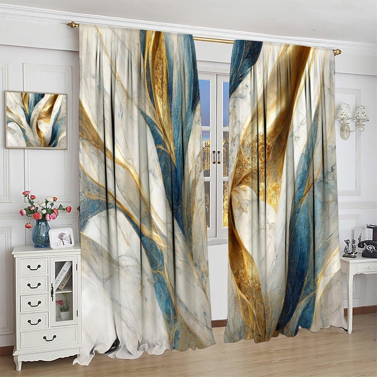 Vintage Abstract Marble Curtains, Luxury Baroque Elegant Glitter Gold Veins Blue White Ink Fluid Digital Art Texture, Blackout Rod Pocket Window Treatments for Living Room Bedroom Bathroom 52x84in