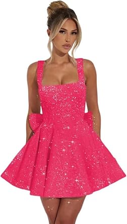 Square Neck Sequin Homecoming Dresses 2026 Spaghetti Strap A-Line Cocktail Party Gowns with Detachable Bow