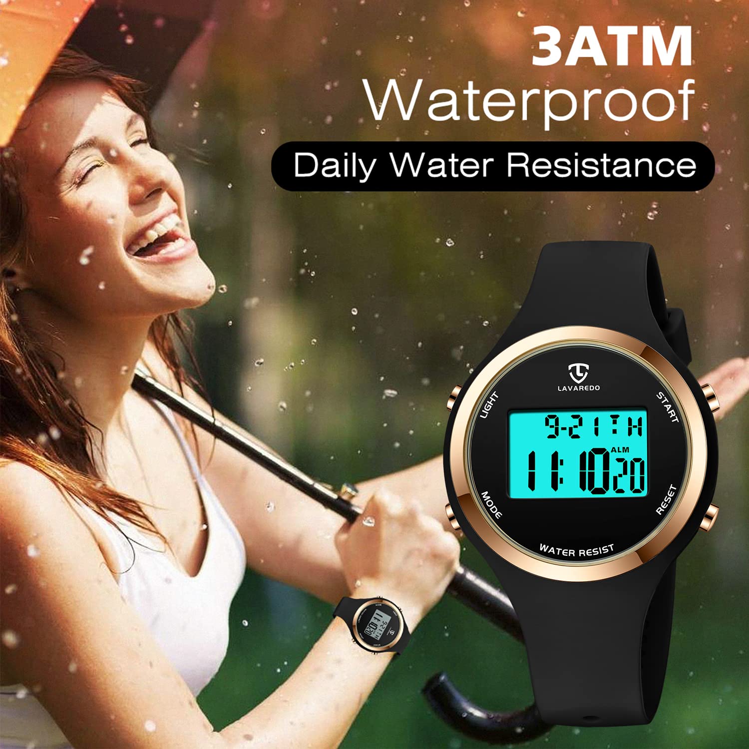 Relojes para mujer 3ATM impermeable al aire libre digital deportivo reloj cronómetro reloj de pulsera con reloj despertador, regalos para mujeres, 02-Negro, Japonés 6