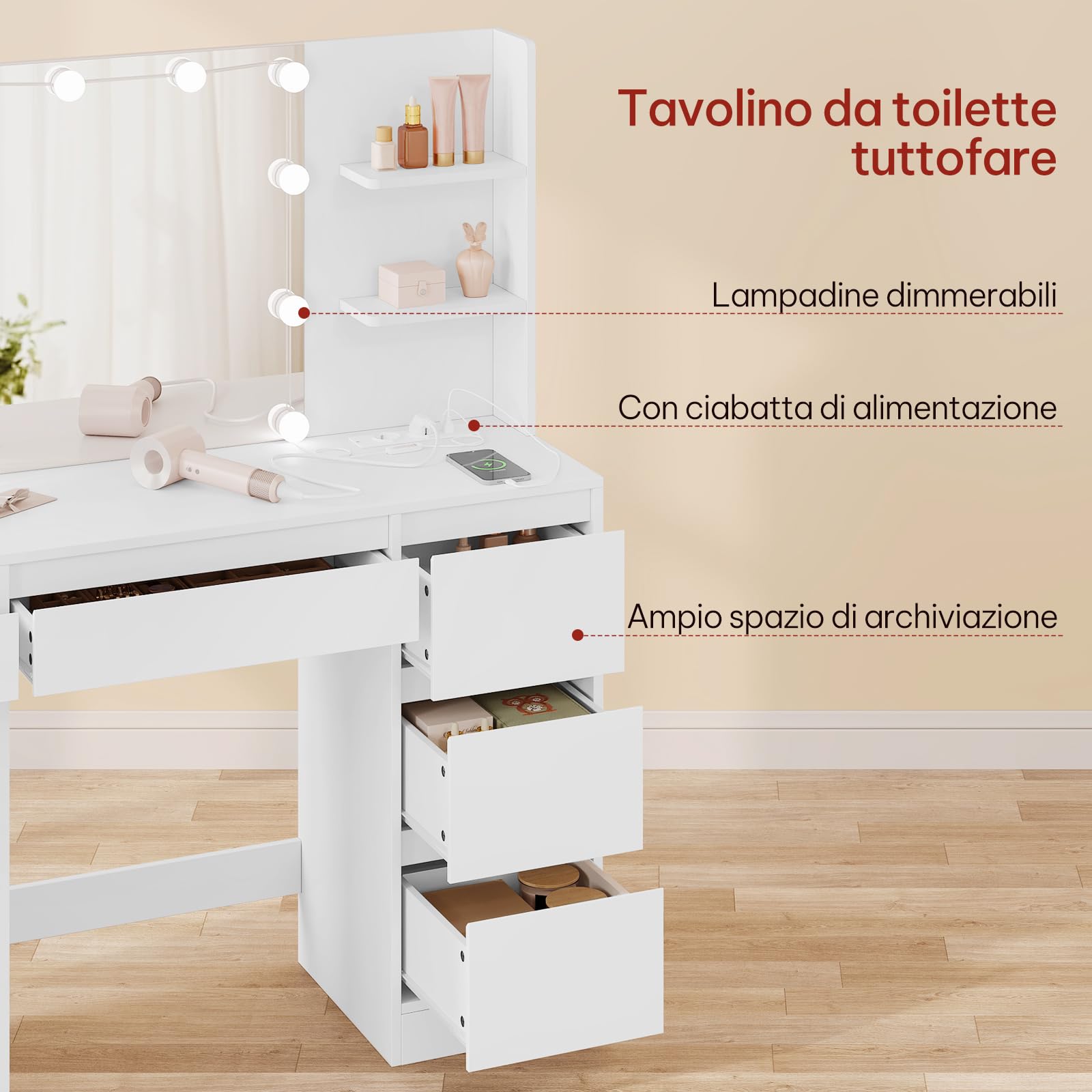 WOLTU Toeletta Trucco con Luci LED Regolabili, Tavolo da Trucco Moderno Bianco con Sgabello, Specchio Illuminato, 5 Cassetti e Ripiani, Postazione Make-Up per Camera da Letto