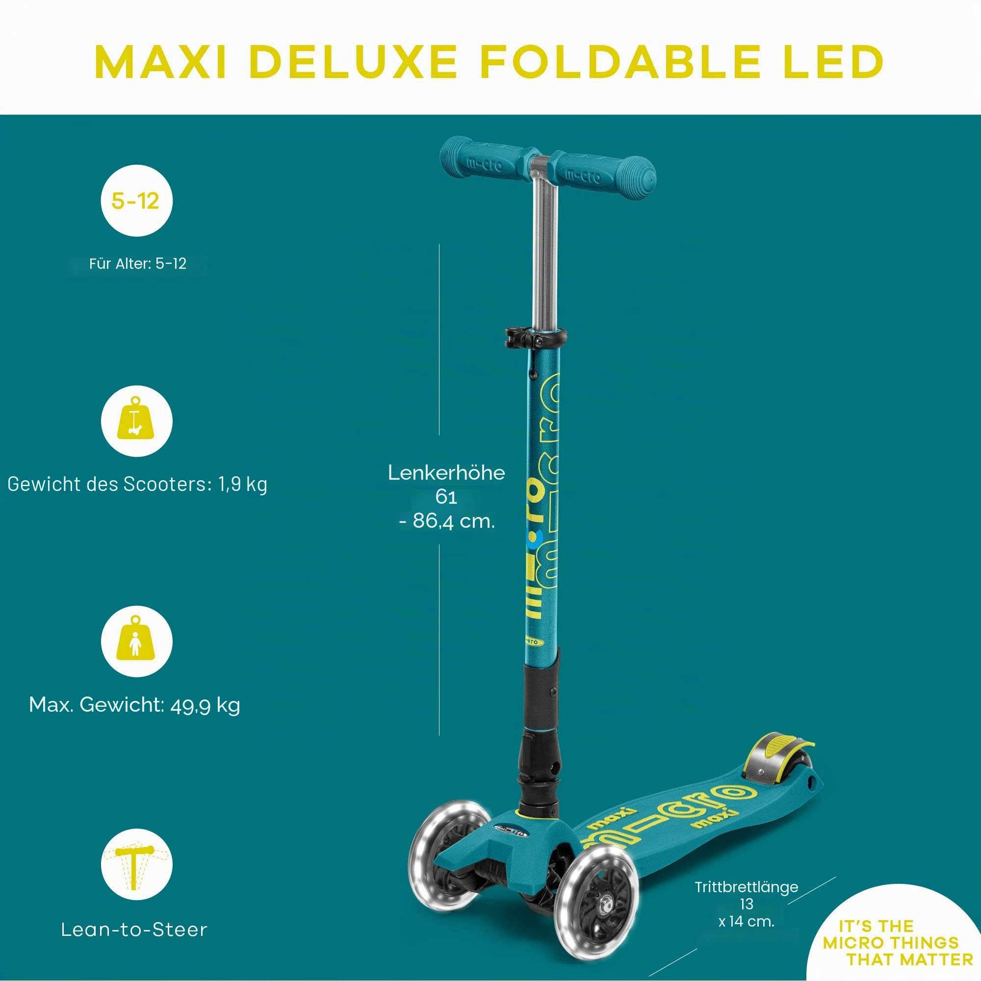 Micro Kickboard | Maxi faltbarer LED-Kinder-Scooter für Kinder von 5–12 Jahren | Kinder bis zu 50 kg | 3-Rad-Lean-to-Steer-Design | verstellbare T-Stange | Leichtgängige Fahrt, bewegungsaktivierte