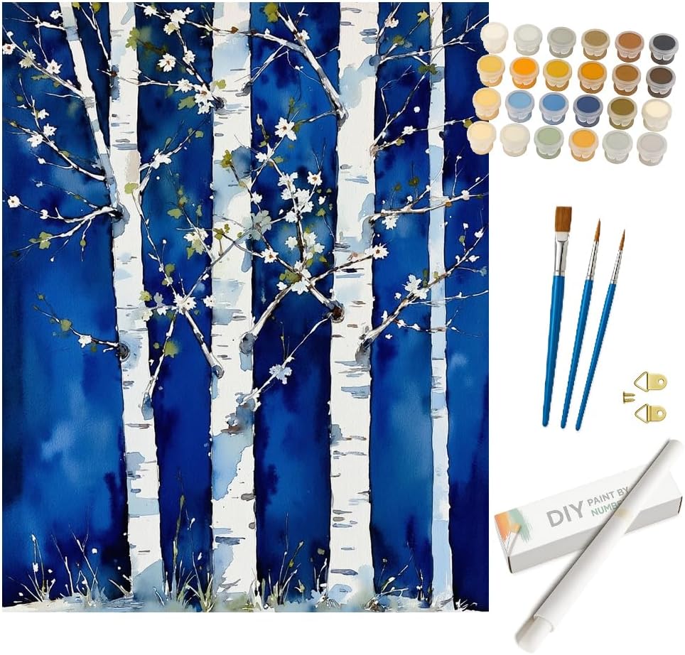 Nature Paint by Numbers Kit for Adults - DIY Birch Trees with Blossoms Against Blue Sky Painting on Canvas, Acrylic Paint Set, Suitable for Beginners, Art for Home Decoration or Gifts(8X12IN Framed)