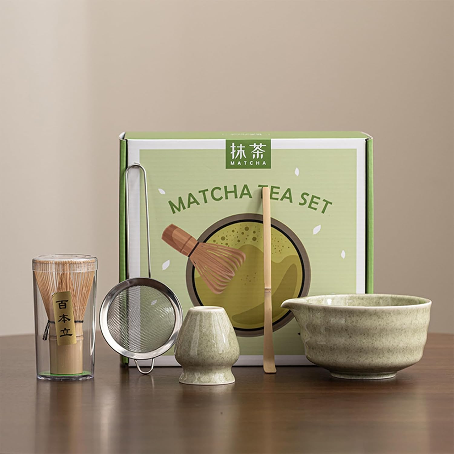 Matcha Whisk Set, Matcha Bowl with Spout, Matcha Whisk and Holder, Bamboo Matcha Scoop and Stainless Steel Sifter - 5 Pcs Mottled Green Kit Gift for Birthday Christmas
