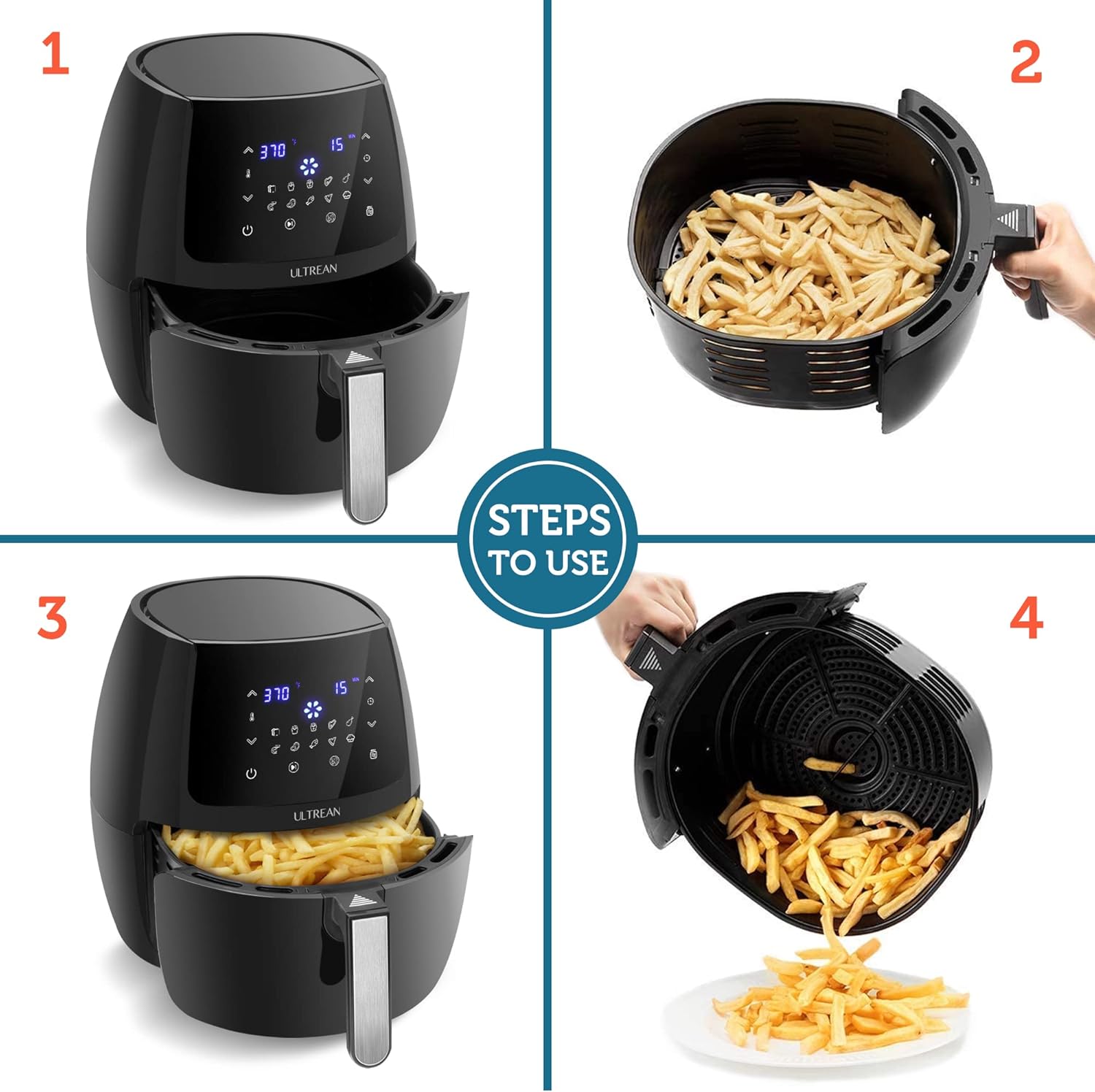 Four-panel image showing the steps to use the Ultrean Air Fryer: inserting food, cooking, and serving.