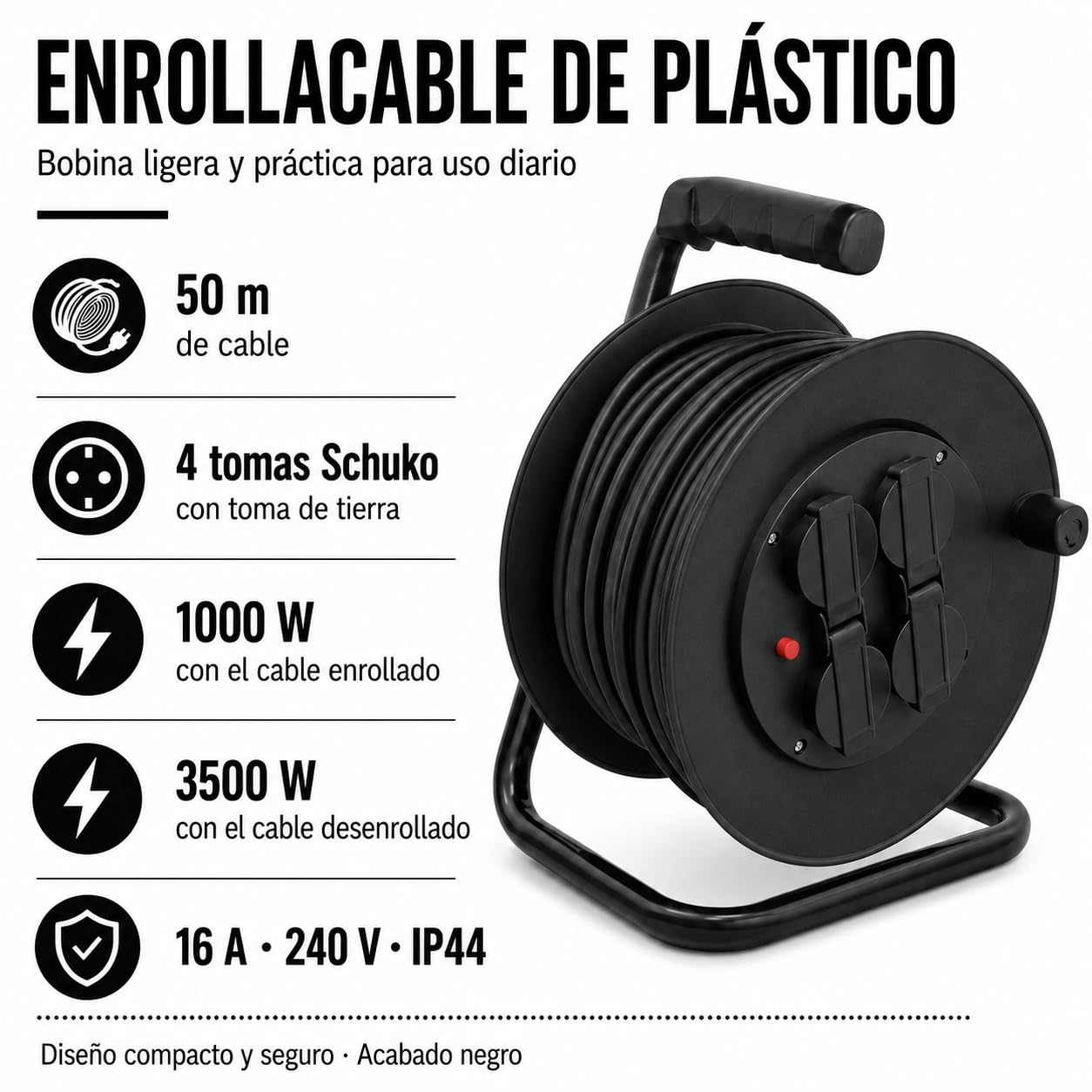 Enrollacables plástico con protector IP44 50m 3x1,5mm Negro - Silver Electronics