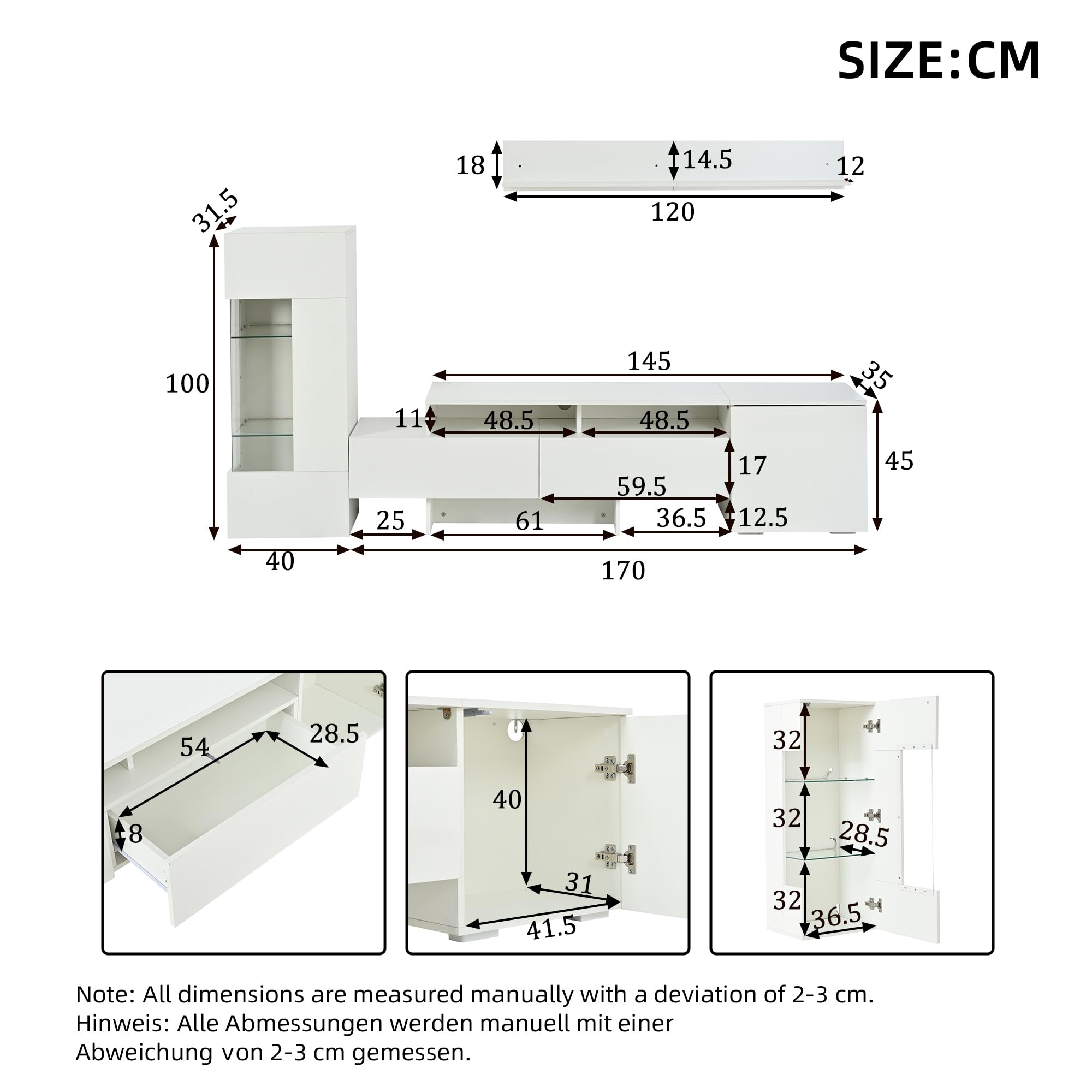 Kebnor TV Wohnwand Set 3-teilig, Hochglanz TV Wohnzimmermöbel-Set mit LED, modernes TV-Schrank,stehend und hängend, Acryl-Schranktüren, Glastrennwand, Weiß, TV bis 70' (Weiß 2)