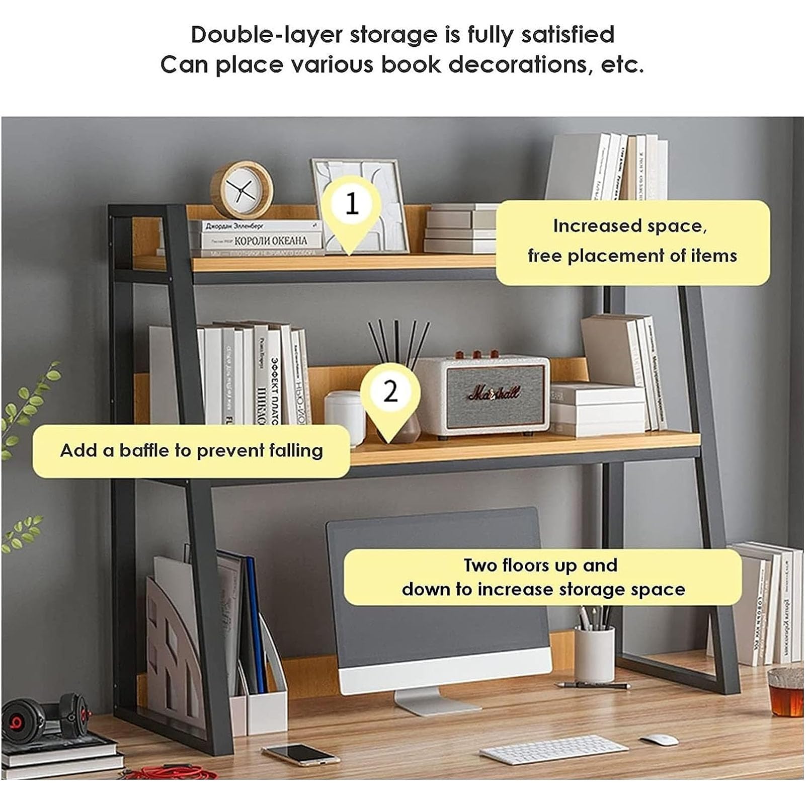 Desktop Bookshelf For Computer Desk, 2-Tier Multipurpose Wood Countertop Book