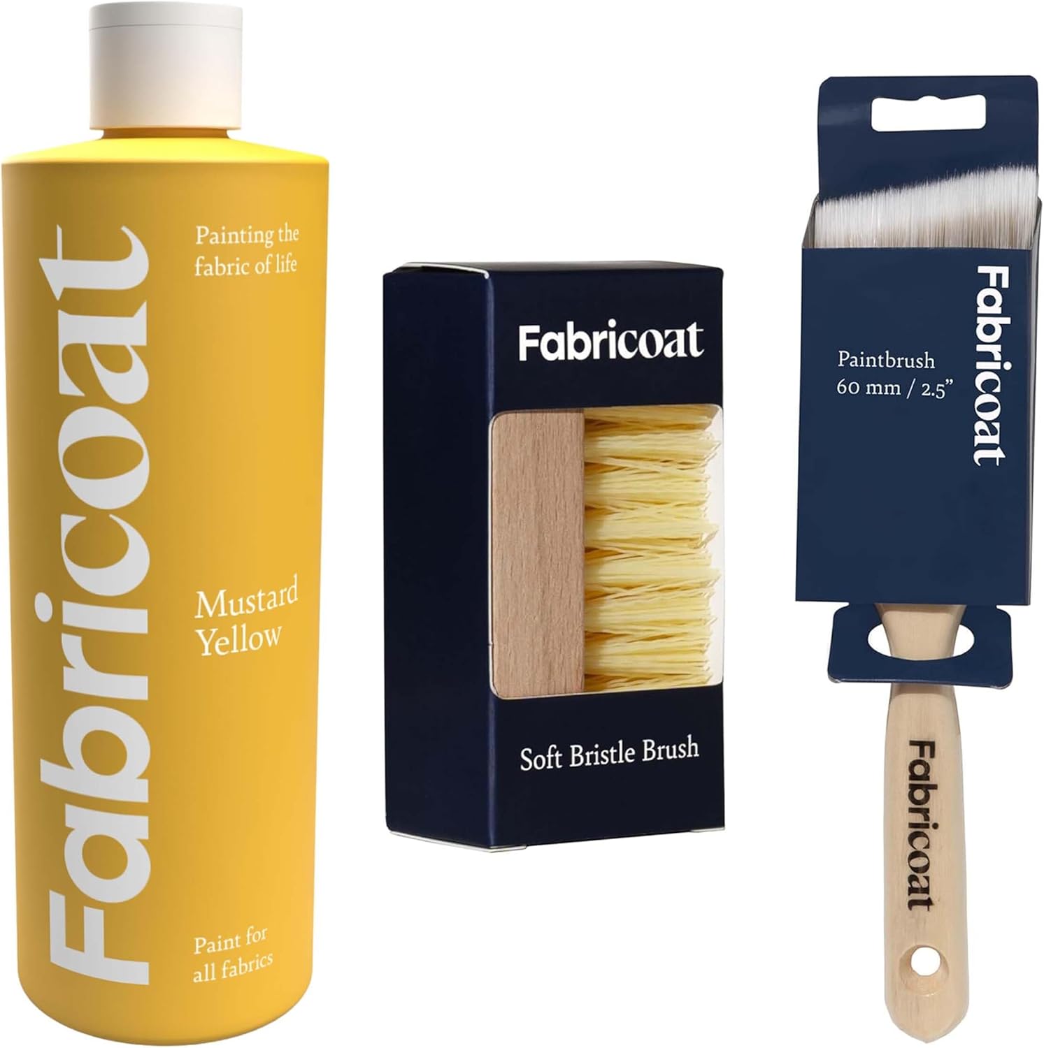 Fabricoat - Fabric Paint for Furniture 500ml (Mustard Yellow) + Brush Combo Cleaning and 60mm/2.5 inch Angled Cutting in Paint Brush | Restore or Change the Color of Couches, Chairs, Upholstery