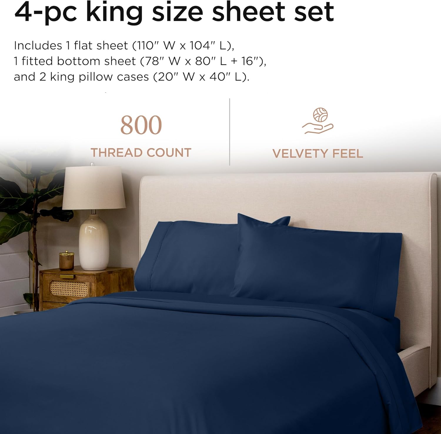 Threadmill Luxury 800 Thread Count King 100% Cotton Sheets - Folkstone Blue Sateen Weave Bed-Sheets, Better Than Egyptian Cotton, 4 Pc Solid Soft Bed Set, Fits 16" Deep Pocket - Image 2