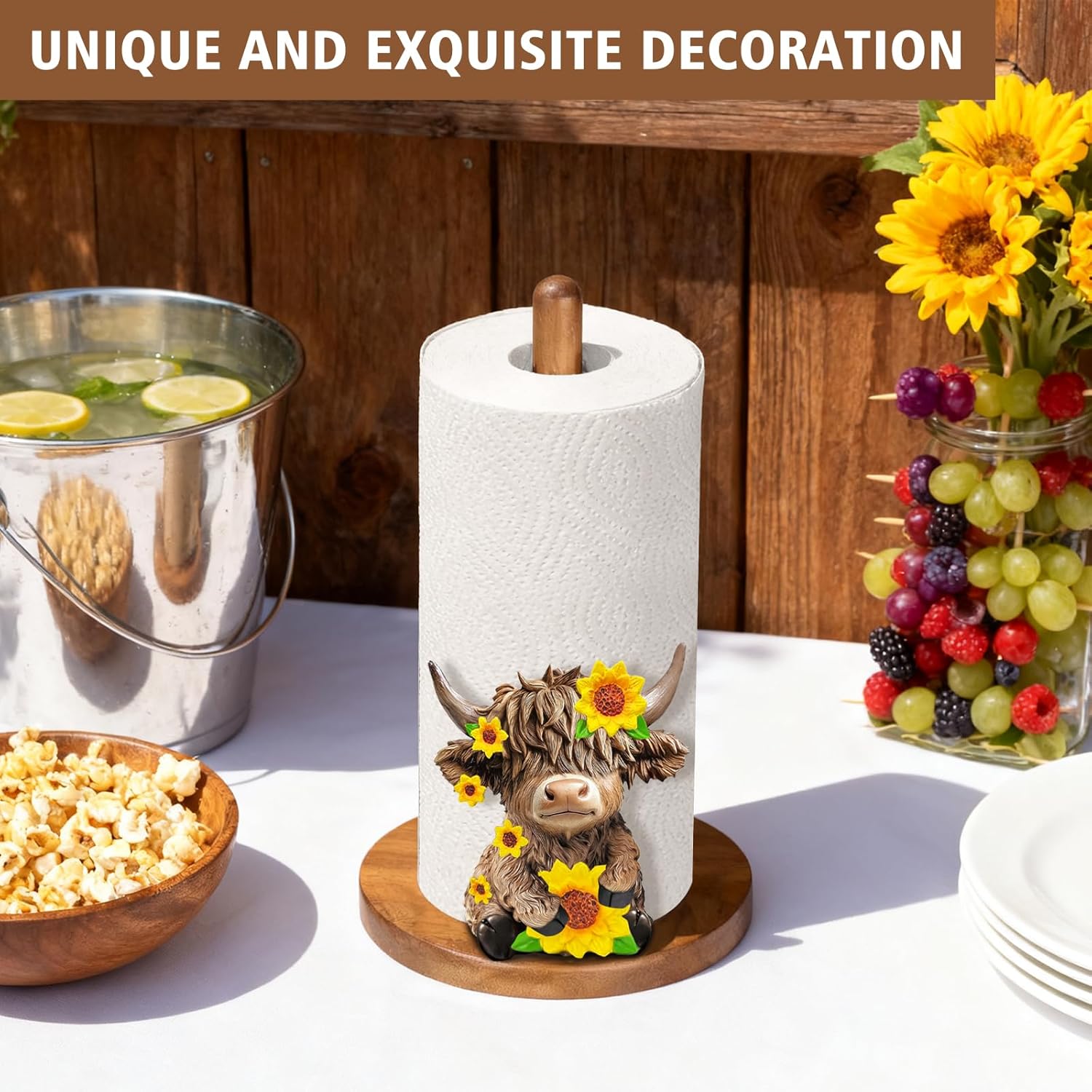 Highland Cow Paper Towel Holder, Cute Highland Cow Decor for Farmhouse Kitchen Bathroom Countertop, Wooden Stand with 3D Accent, Fits Standard & Jumbo Rolls, Gifts for Women Mom Grandma