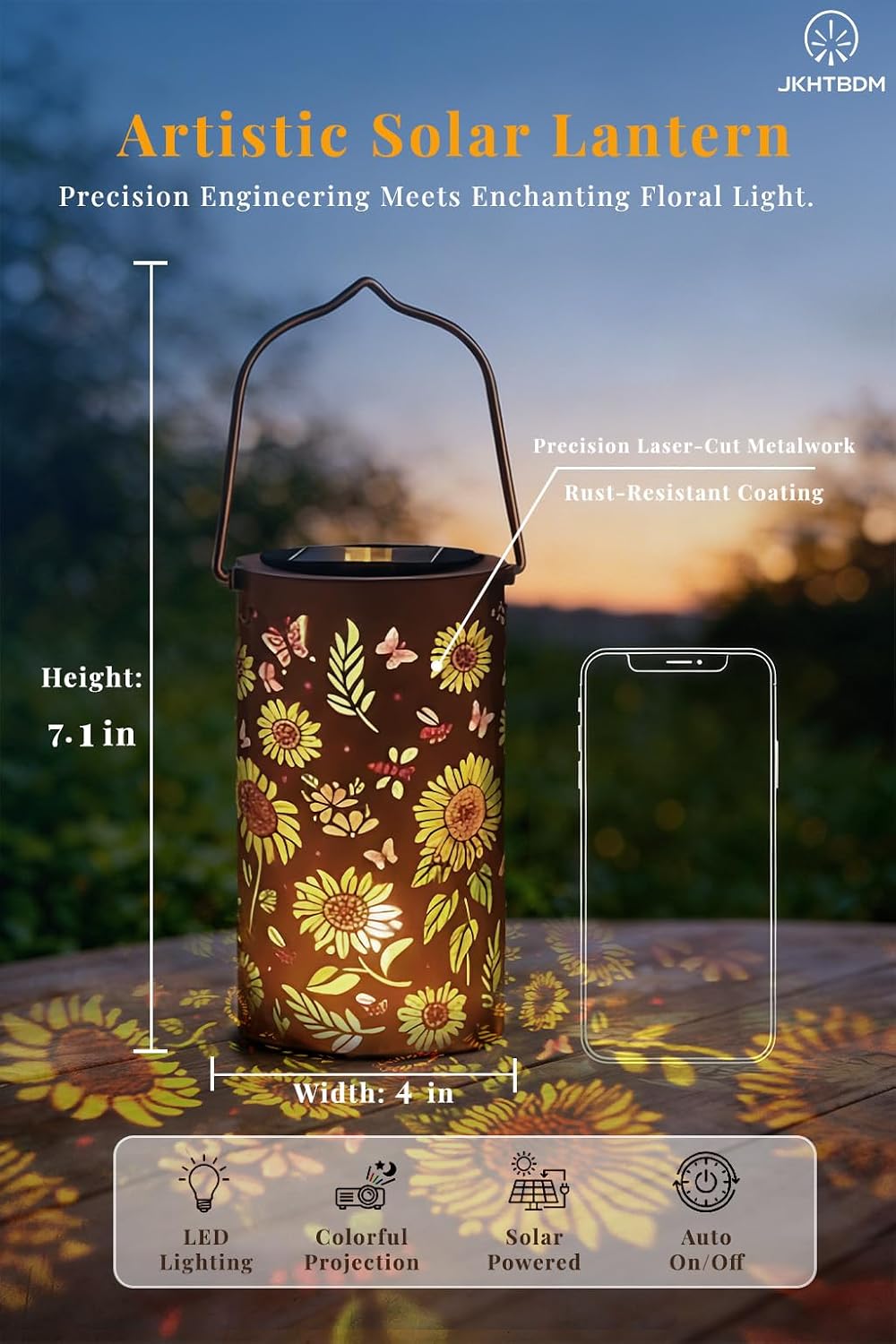 Colorful Solar Lanterns Outdoor Waterproof, Hanging Metal Solar Lights with Floral Shadow Projection, Decorative Solar Garden Lantern for Yard, Patio, Porch, Birthday Gifts for Women Mom Grandma