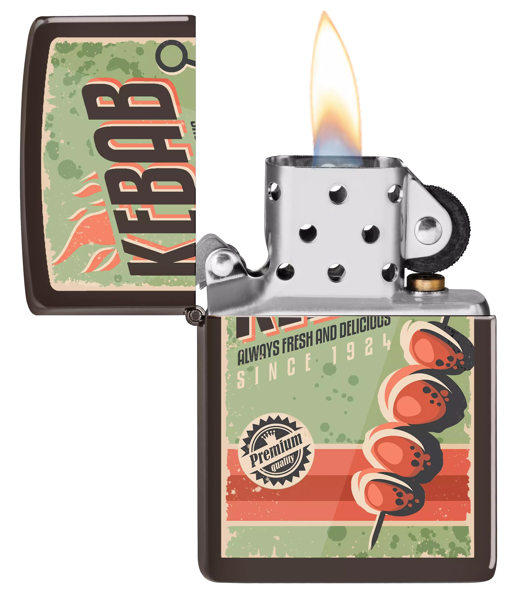 Zippo Kebab Zapalniczka Sztormowa, Kolorowy Nadruk, do Napełniania, Wielokrotnego Użytku, Wiatroodporna Konstrukcja, Pudełko na Prezent, Wykonano w USA, Kolor Brązowy