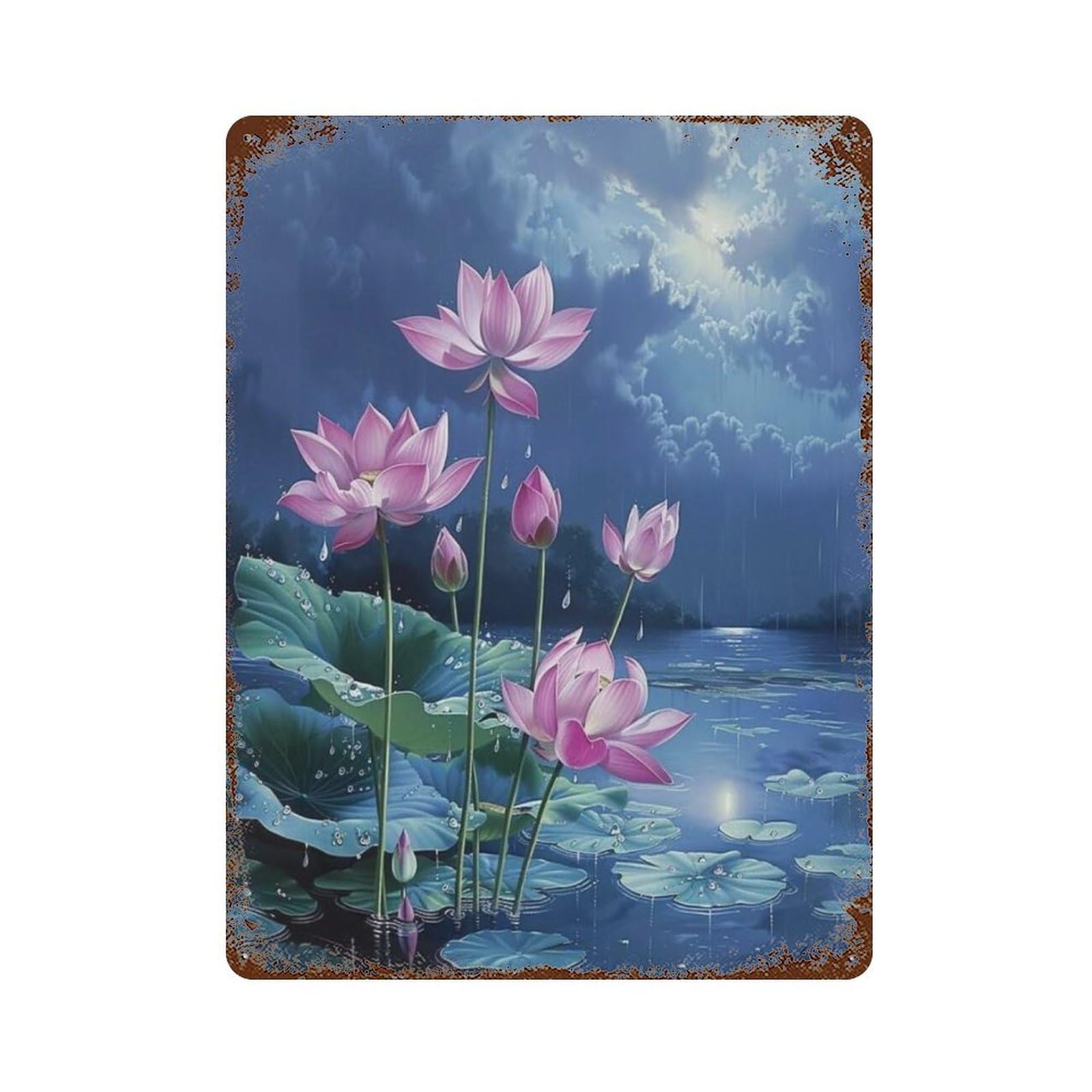 xiaoxiaoshen Still Life Lotus Plant Rain Wall Decor Art Metal Tin Poster Modern Home Decor Art Home Bar Shop Decorations Vintage Sign 40x30cm