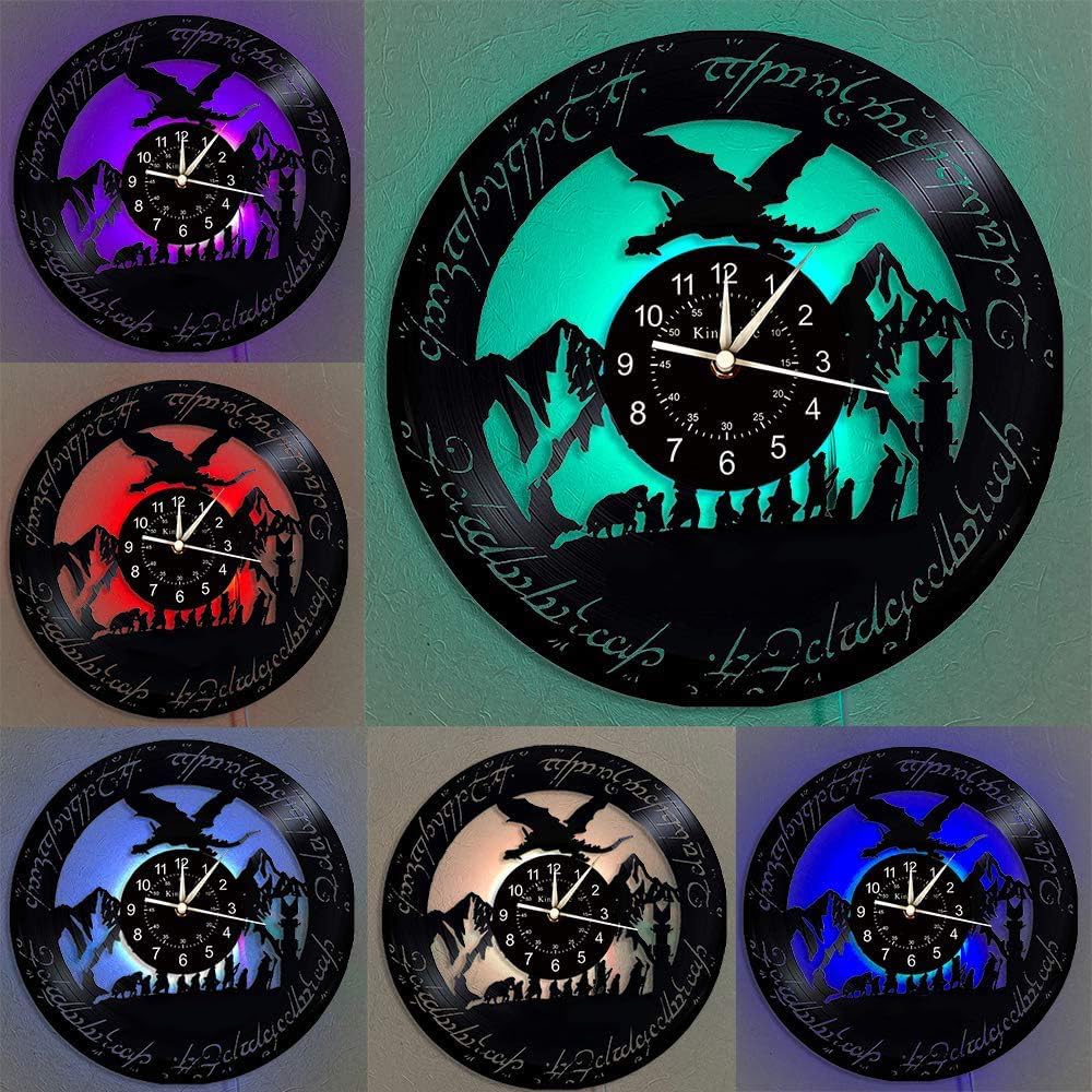 Herr der Ringe Musik Band Vinyl Wanduhr, LED 7 Farben Nachtlampe Retro Wanduhr, Wohnzimmer, Küche, einzigartige Geschenke, handgefertigte Heim-Wanddekoration (mit Licht/Hook+Gift Bag)