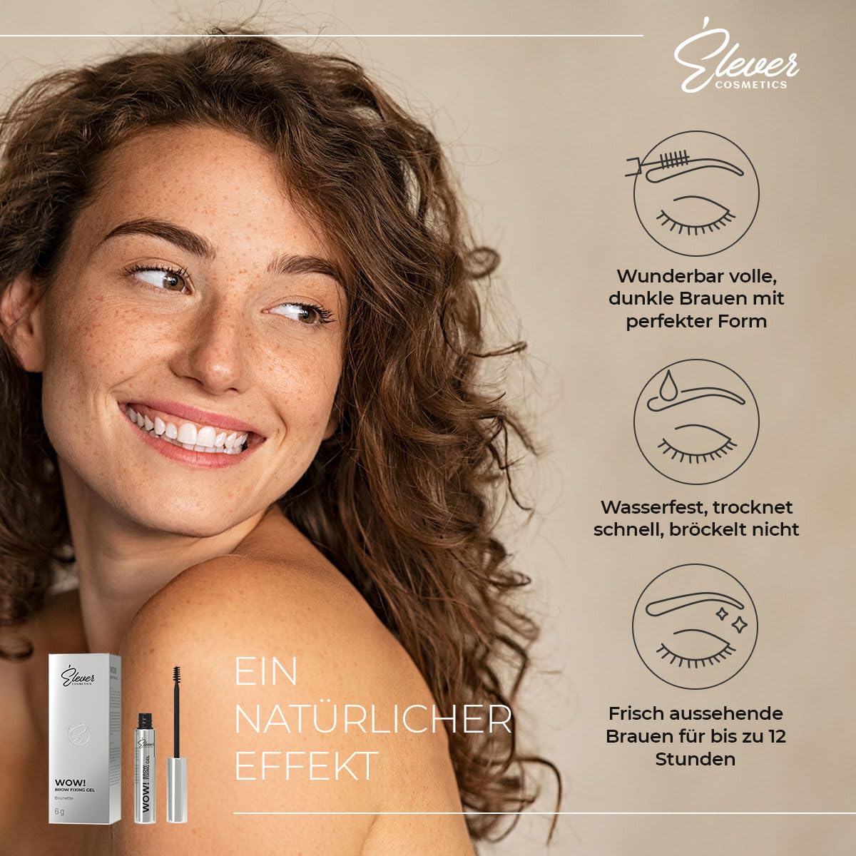 Elever Wow! Brow Fixing Gel Augenbrauengel Mit Bürste Augenbrauenfarbe für definierte Augenbrauen wie laminiert Eyebrow Styling mit Rizinusöl Perfekte Form Für Brünette Wasserfest Dunkelbraun 6 g