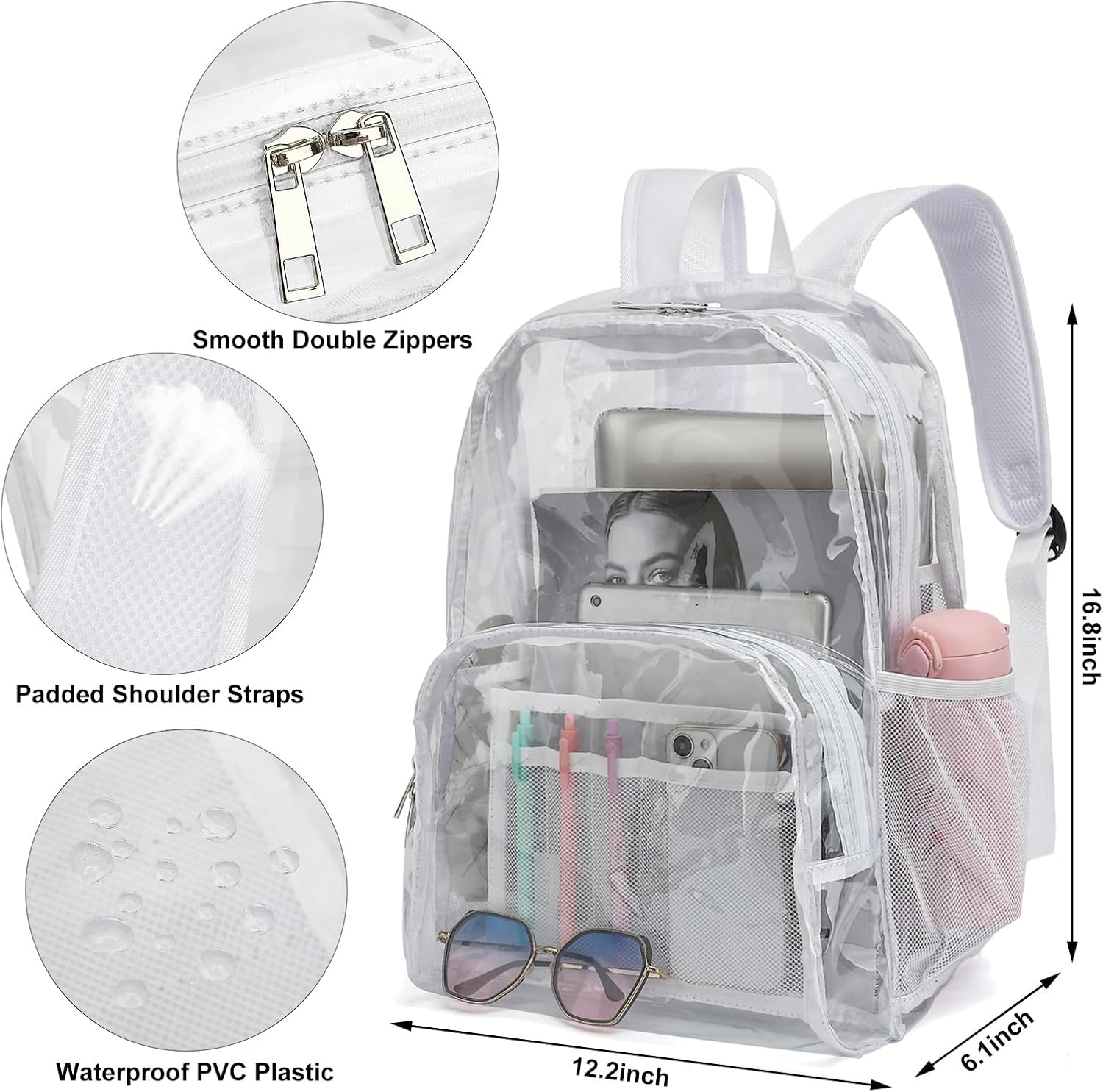 Clear Backpack School Bag Bookbag, Heavy Duty PVC Plastic Transparent See Through Backpacks for Men Women Girls Boys (White)