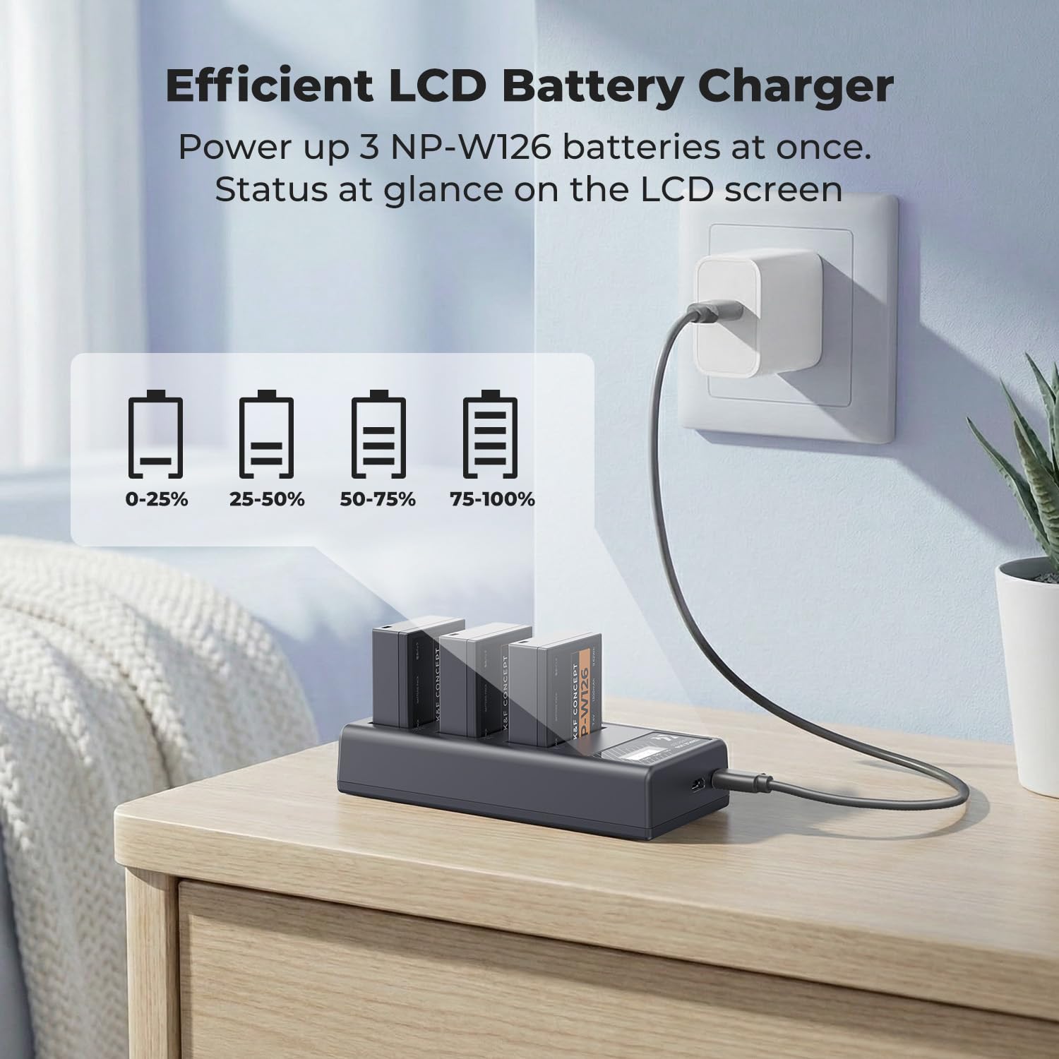 K&F CONCEPT 3-Pack Baterías NP-W126/NP-W126S y Cargador 3 Ranuras, 1300mAh Totalmente Decodificado Compatible con Fujifilm XM5/X100VI/X100V/XS10/XT30 II, LCD y Entradas Micro USB/Type-C