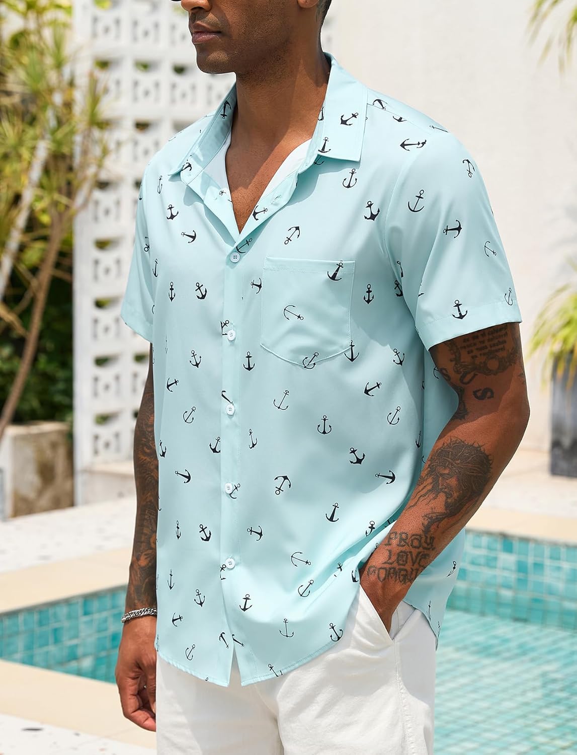 Men Button Up Short Sleeve Hawaiian Shirt Summer Tropical Beach Shirts for Vacation Fishing - Image 2