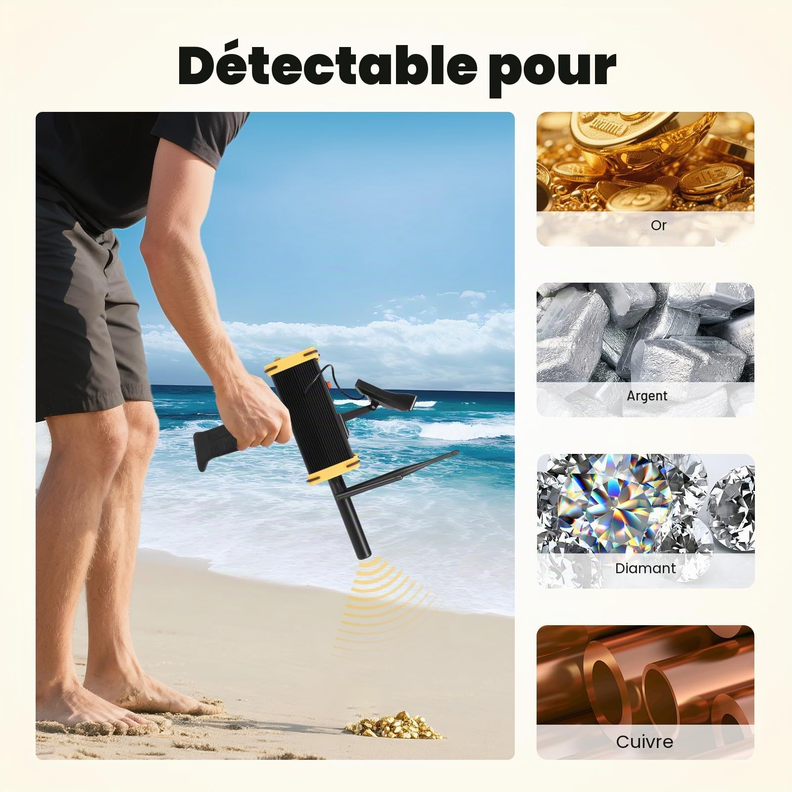 Détecteur de métaux avec écran LCD, portée de 990 m et profondeur de 16 m, détecteur haute précision rechargeable pour l'archéologie/recherche de trésors/sécurité