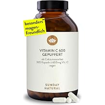SUNDAY NATURAL  Vitamin C - 365 Capsules - 1200 mg Vitamin C Buffered per Daily Dose - Acid-free Calcium Ascorbate - Gentle on the Stomach - Laboratory Tested Vegan No Other Additives