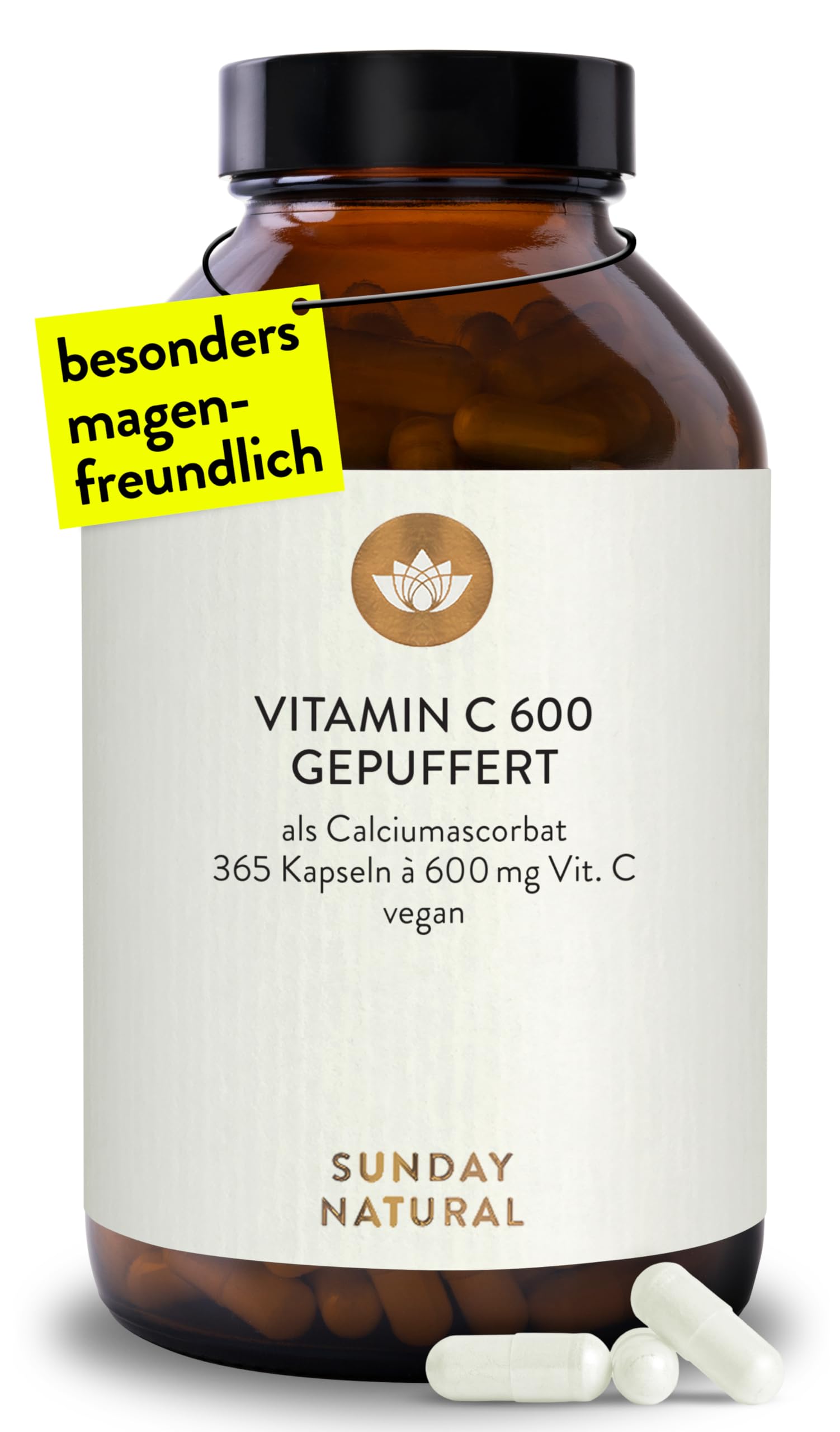 SUNDAY NATURAL® Vitamin C - 365 Kapseln - 1.200 mg Vitamin C gepuffert je Tagesdosis – säurefreies Calciumascorbat – Magenschonend – Laborgeprüft, vegan, ohne weitere Zusätze