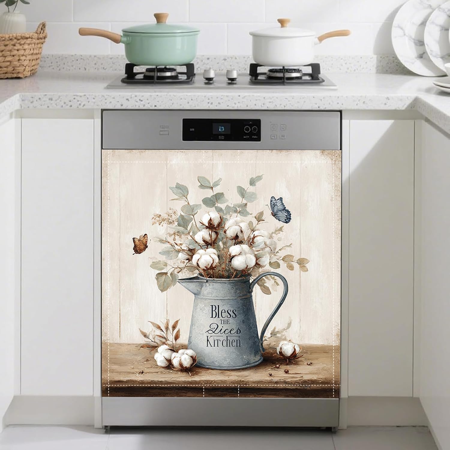 Cotton Flower Butterfly Dishwasher Magnet Cover Front Dishwasher Sticker Reusable Waterproof Removable Refrigerator Magnet Cover for Home Kitchen Appliance 23x26 Inch
