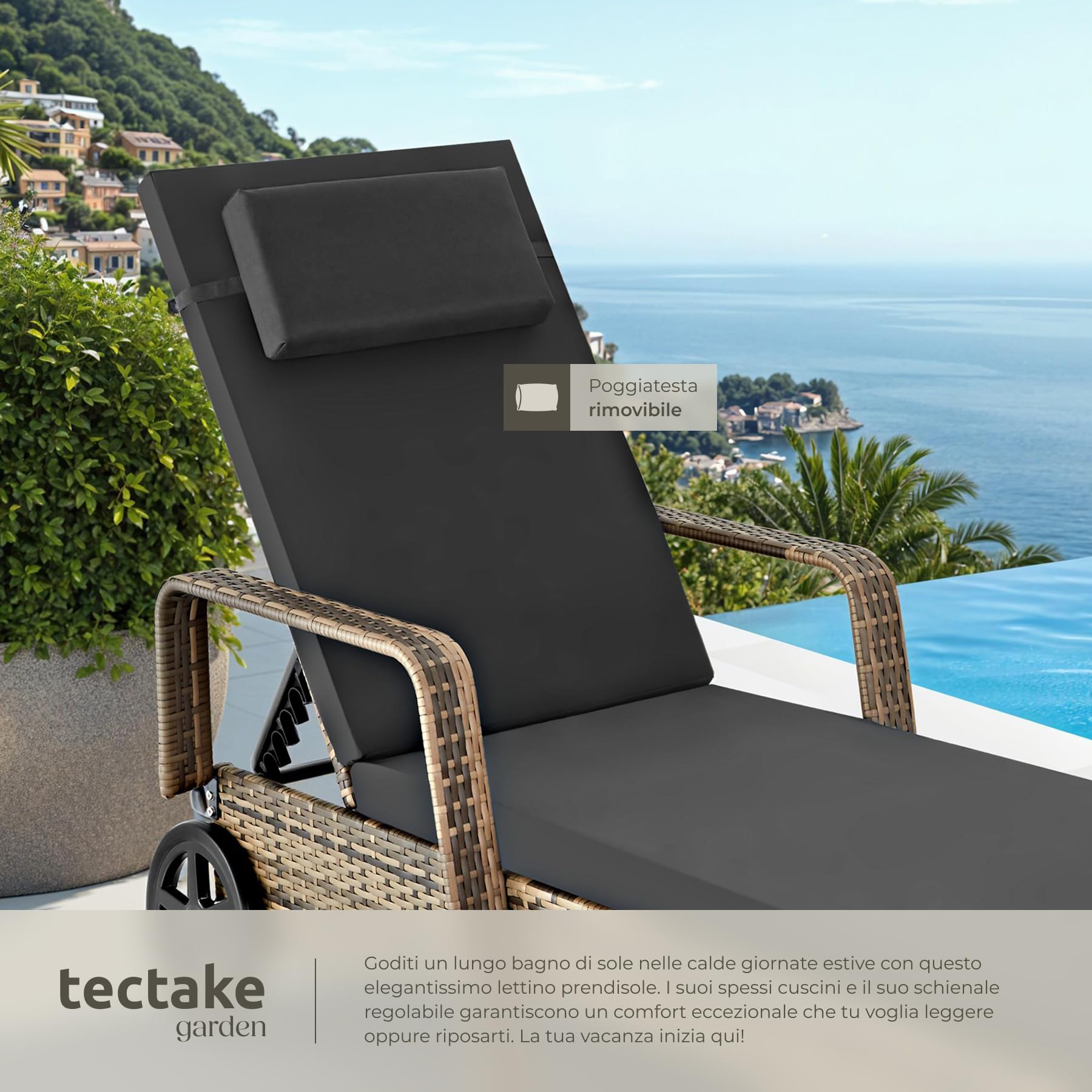 “tectake® Poly Rattan Sun Bed, Outdoor Garden Furniture, Sun Loungers, Garden Chairs, Terrace, Balcony, Pool Chairs, Rubberized Wheels, Interior Furniture, Sofa Chair - Natural/Dark Gray