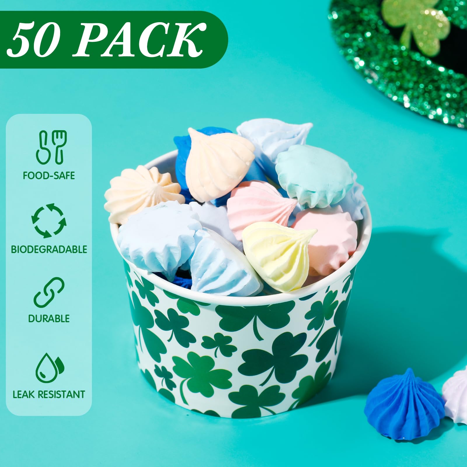 50 St. Patrick‘s Day Pappbecher – Wiederverwendbar Für Eis, Snacks & Suppen, Mit Kleeblatt-Design
