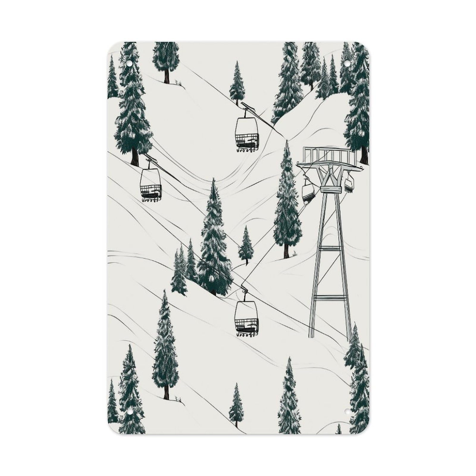 LDGSUPH Ski Lift With Fir Tree Wall Art Prints Folded Edge Iron Sheet Painting with Holes for Wall Prints Decorative Picture Metal Signboard Decor Painting for Outdoor Indoor Wall Decor