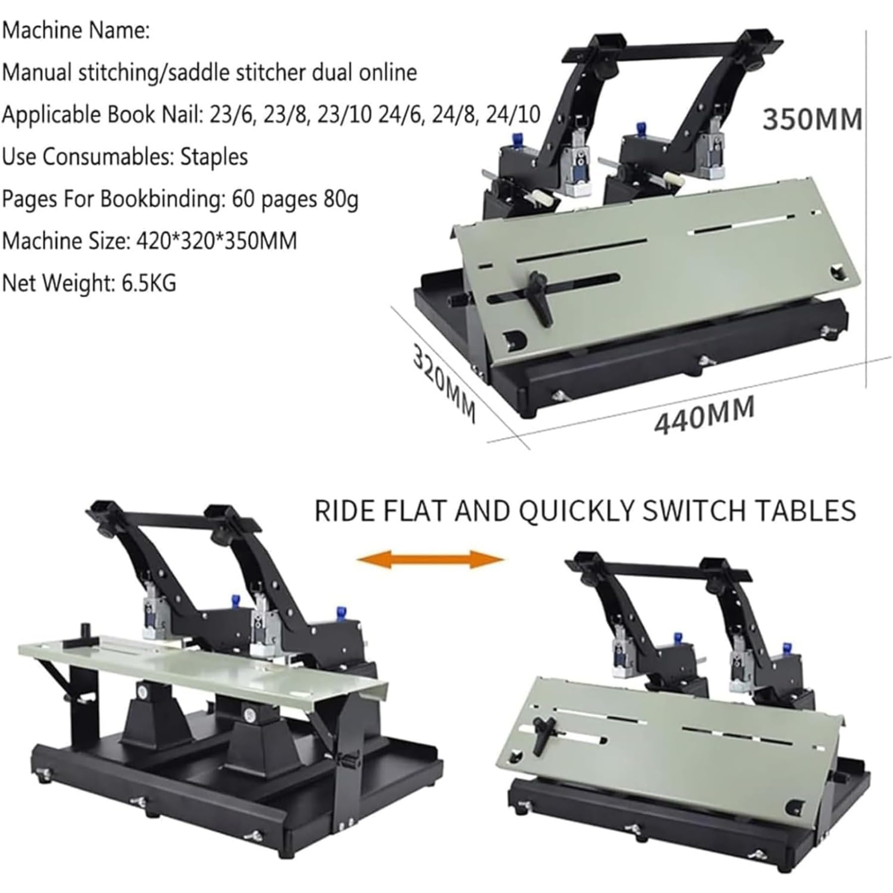 Cucitrice manuale da tavolo, doppia testa per rilegatura efficiente, lega fino a 60 fogli, larghezza 44 cm, profondità di rilegatura 10 cm, ideale per l'organizzazione di documenti in casa e in