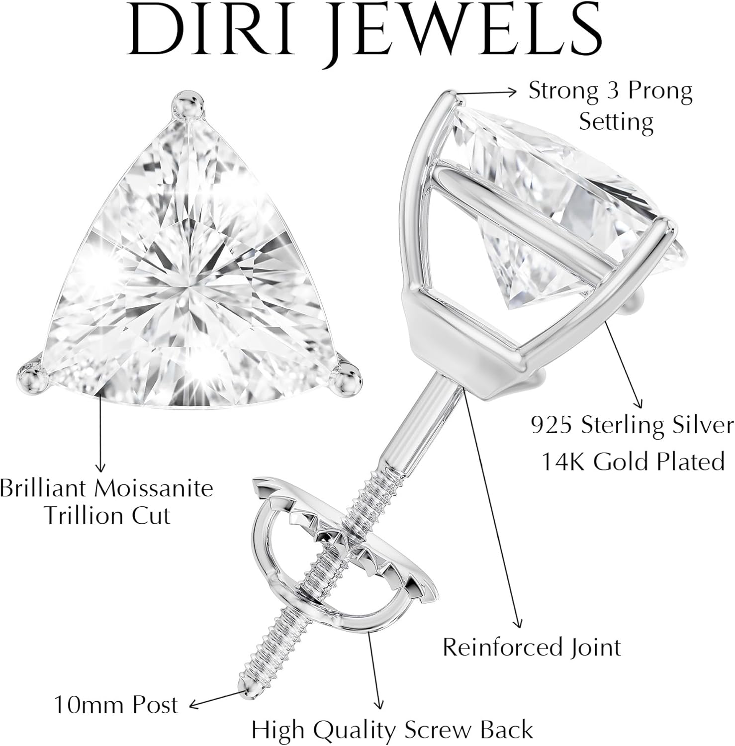Valentine’s Day Moissanite Stud Earrings Gift Set | 2CT Trillion & 1CT Heart Cut Earrings | 14K White Gold Plated 925 Sterling Silver | Romantic Jewelry Gift for Her - Image 3