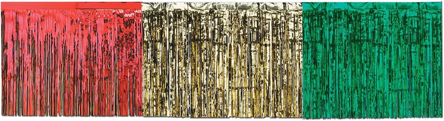 Metallic Curtains for Parties, 1 Ply Flame Resistant Red Gold and Green Fringe Table Skirt 30 Inch x 14 Feet, Pack 6